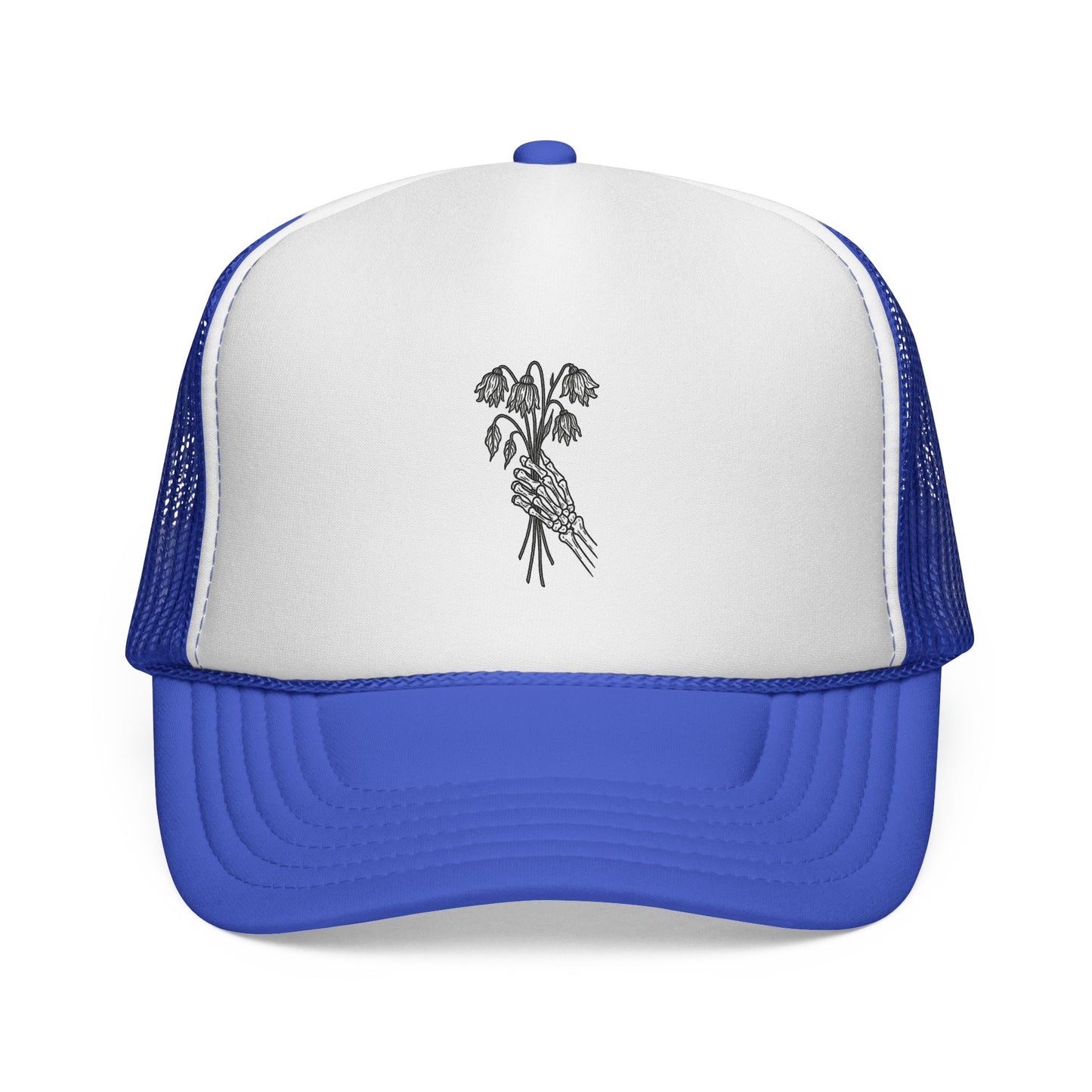 Vintage-Inspired Trucker Cap | Skeleton Hand, Flower Bouquet - Perfect for Outdoor Adventures, Festivals, Country Music Events