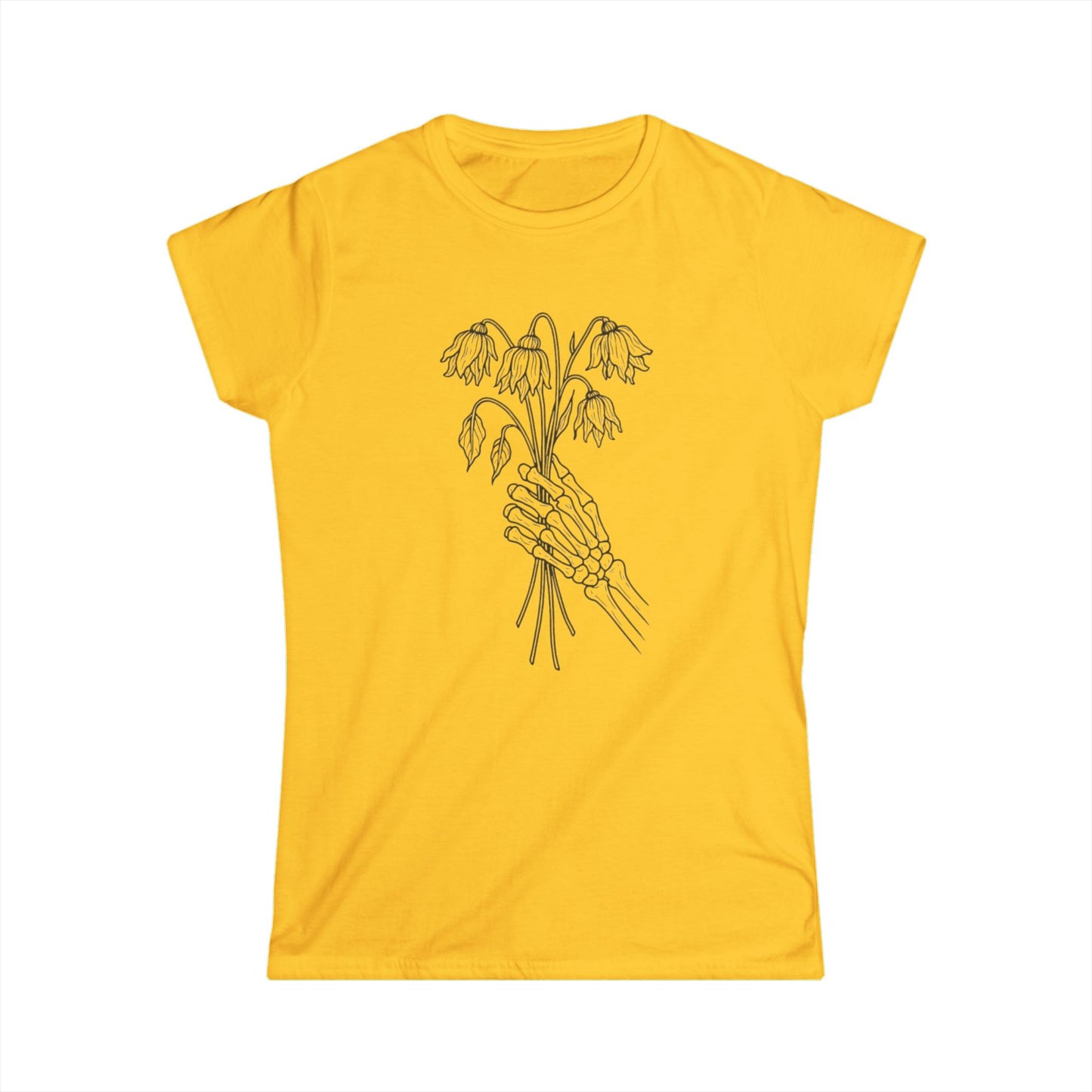 Women's Softstyle Tee | Skeleton Hand, Flower Bouquet - Casual Summer Top, Gift for Her, Streetwear Fashion, Unique Graphic Shirt