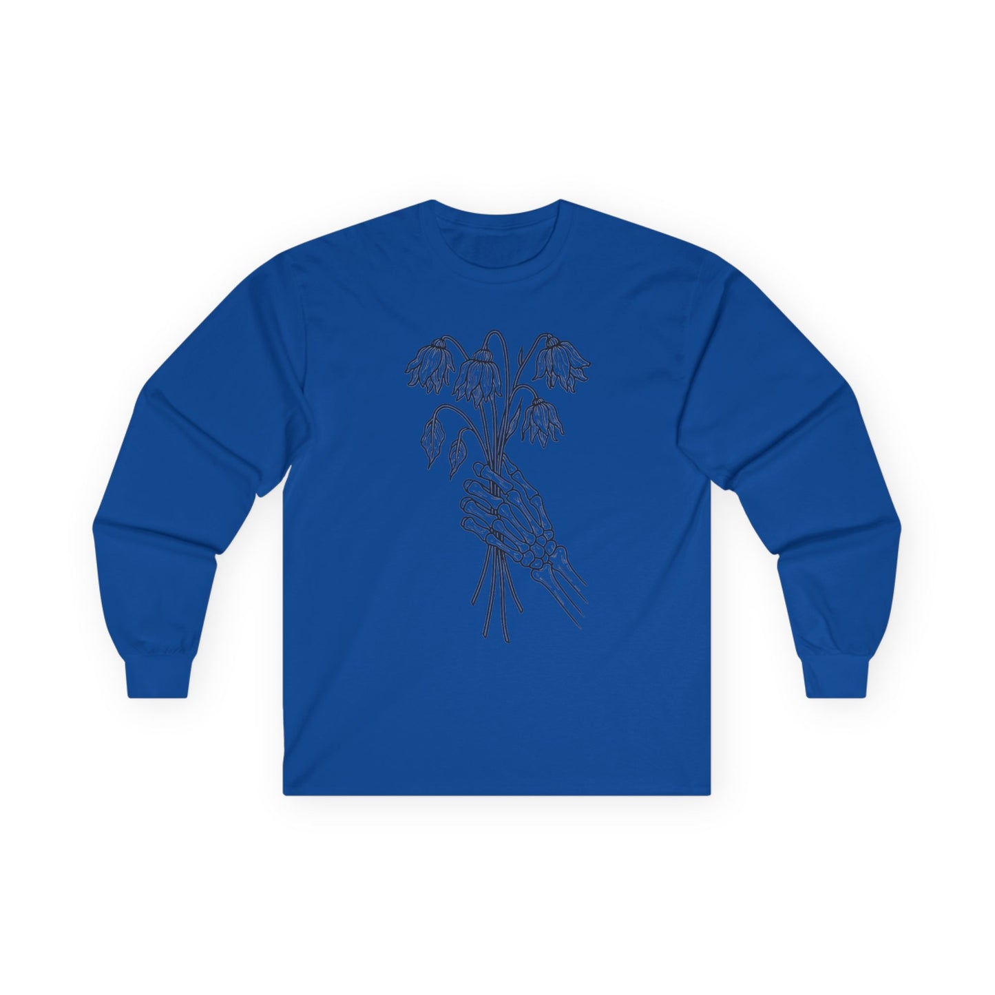 Unisex Ultra Cotton Long Sleeve Tee | Skeleton Hand, Flower Bouquet - Casual Summer Top, Gift, Streetwear Fashion, Unique Graphic Shirt