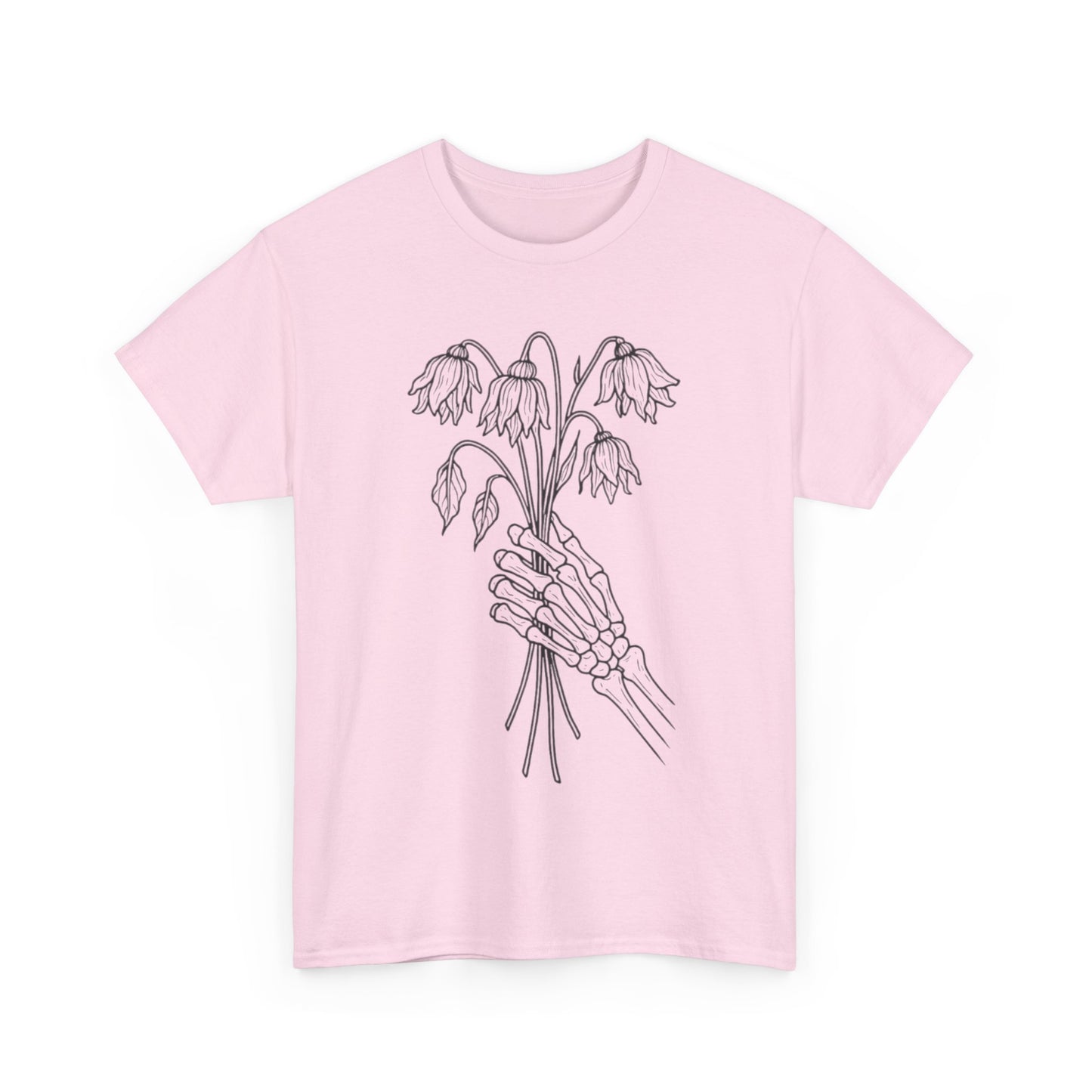 Unisex Heavy Cotton Tee | Skeleton Hand, Flower Bouquet - Casual Summer Top, Gift, Streetwear Fashion, Unique Graphic Shirt