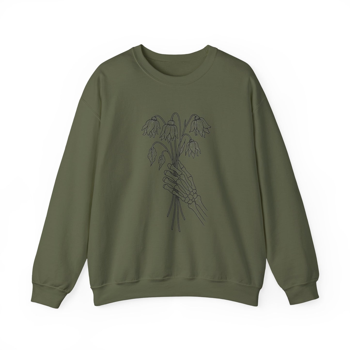 Cozy Unisex Crewneck | Skeleton Hand, Flower Bouquet - Gift for Plant Lovers, Grunge Sweatshirt, Fall Fashion, Casual Outfit