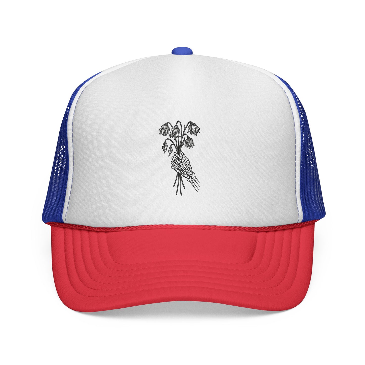 Vintage-Inspired Trucker Cap | Skeleton Hand, Flower Bouquet - Perfect for Outdoor Adventures, Festivals, Country Music Events