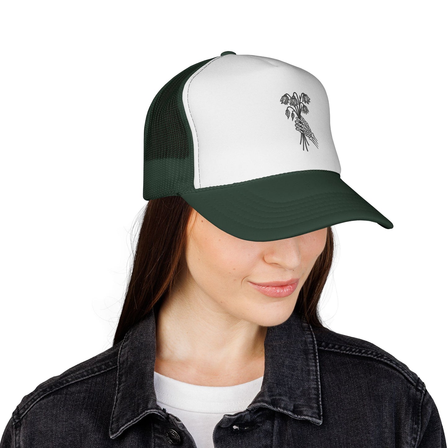 Vintage-Inspired Trucker Cap | Skeleton Hand, Flower Bouquet - Perfect for Outdoor Adventures, Festivals, Country Music Events