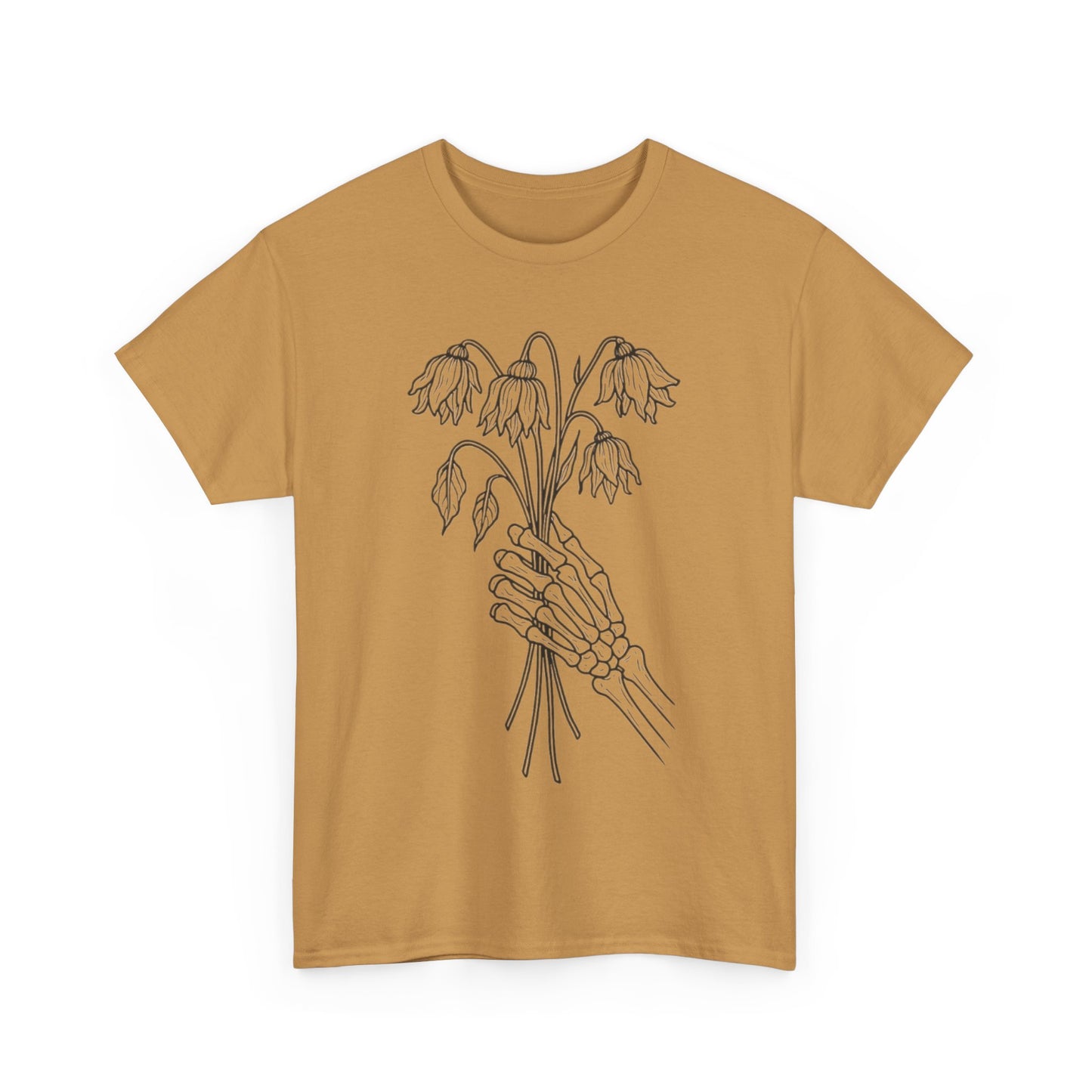 Unisex Heavy Cotton Tee | Skeleton Hand, Flower Bouquet - Casual Summer Top, Gift, Streetwear Fashion, Unique Graphic Shirt