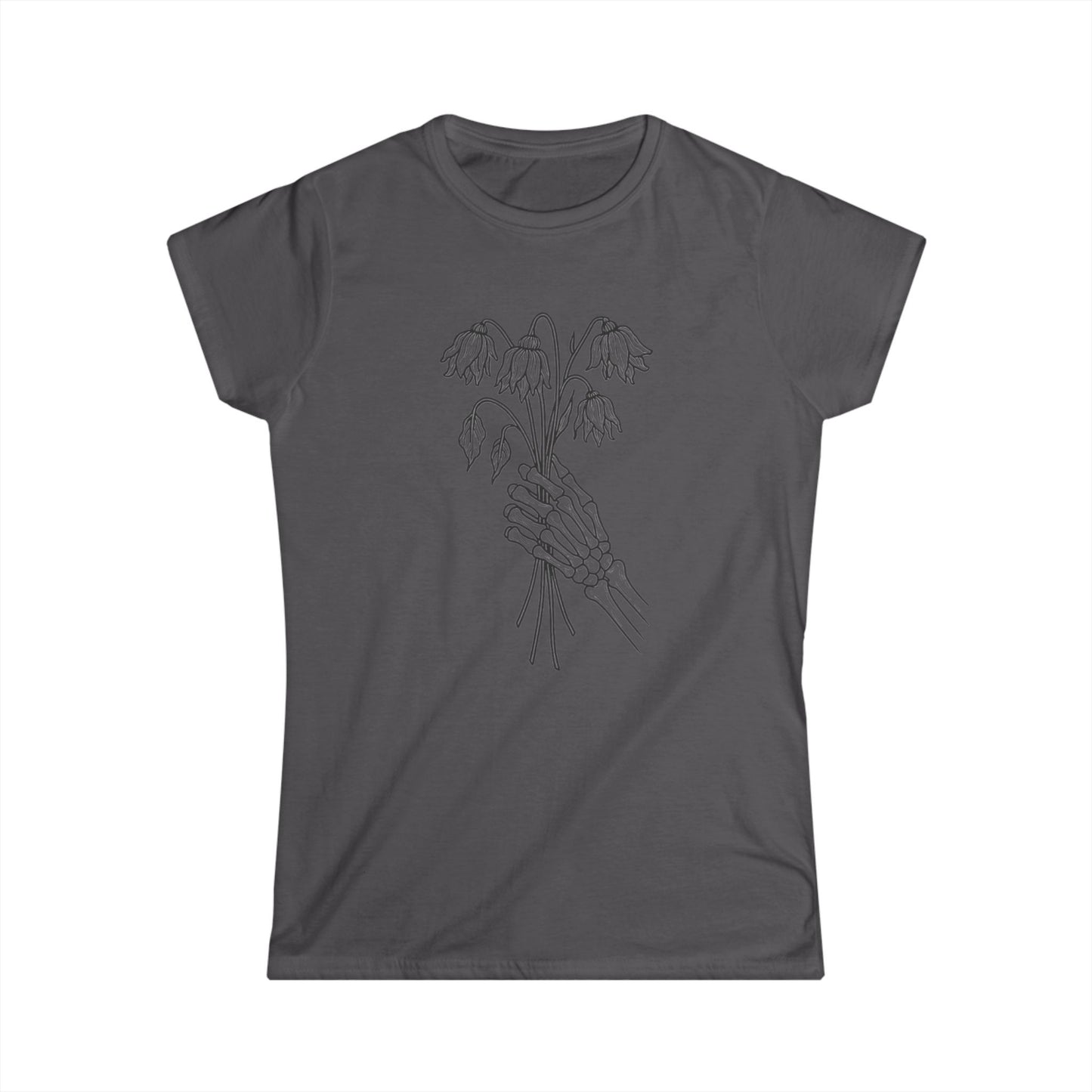 Women's Softstyle Tee | Skeleton Hand, Flower Bouquet - Casual Summer Top, Gift for Her, Streetwear Fashion, Unique Graphic Shirt