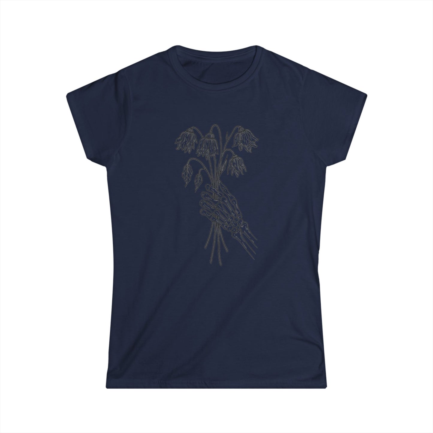 Women's Softstyle Tee | Skeleton Hand, Flower Bouquet - Casual Summer Top, Gift for Her, Streetwear Fashion, Unique Graphic Shirt