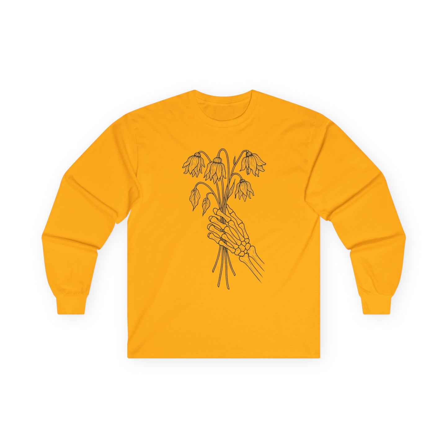 Unisex Ultra Cotton Long Sleeve Tee | Skeleton Hand, Flower Bouquet - Casual Summer Top, Gift, Streetwear Fashion, Unique Graphic Shirt