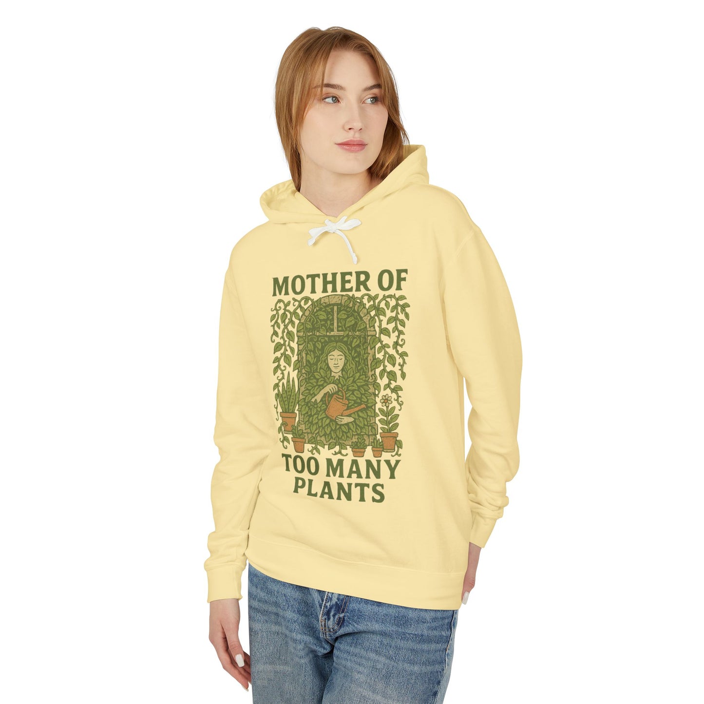 Hooded Sweatshirt | Mother of Too Many Plants - Plant Lover Gift, Gardener Apparel, Cozy Lightweight Hoodie, Eco-Friendly Sweatshirt