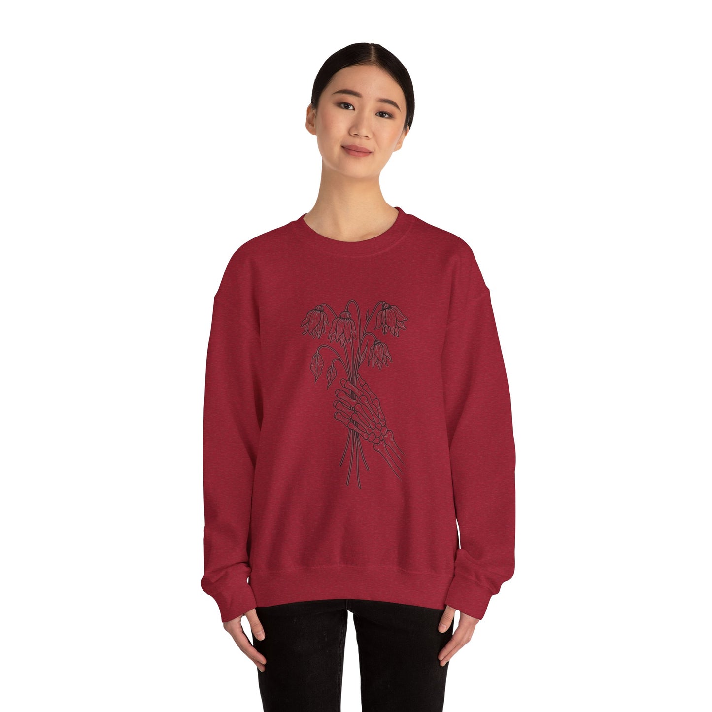 Cozy Unisex Crewneck | Skeleton Hand, Flower Bouquet - Gift for Plant Lovers, Grunge Sweatshirt, Fall Fashion, Casual Outfit