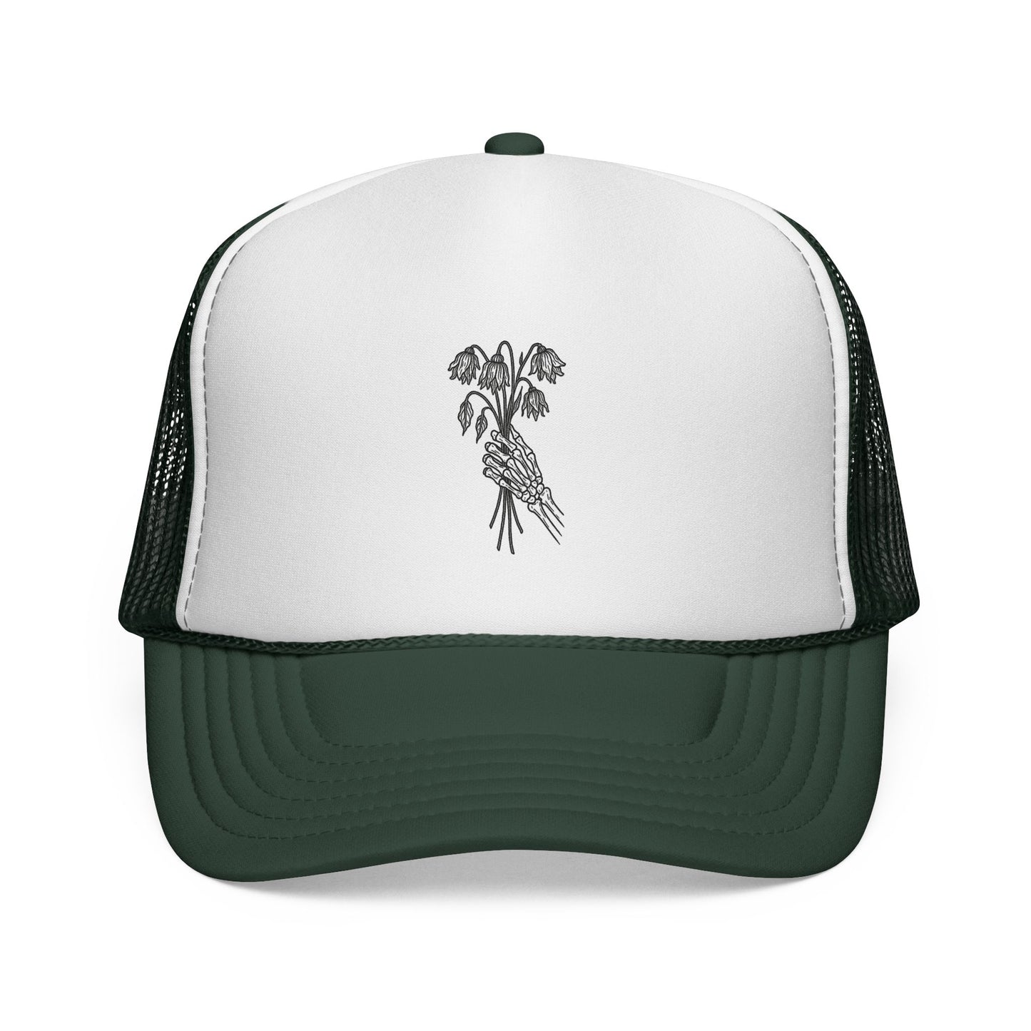 Vintage-Inspired Trucker Cap | Skeleton Hand, Flower Bouquet - Perfect for Outdoor Adventures, Festivals, Country Music Events