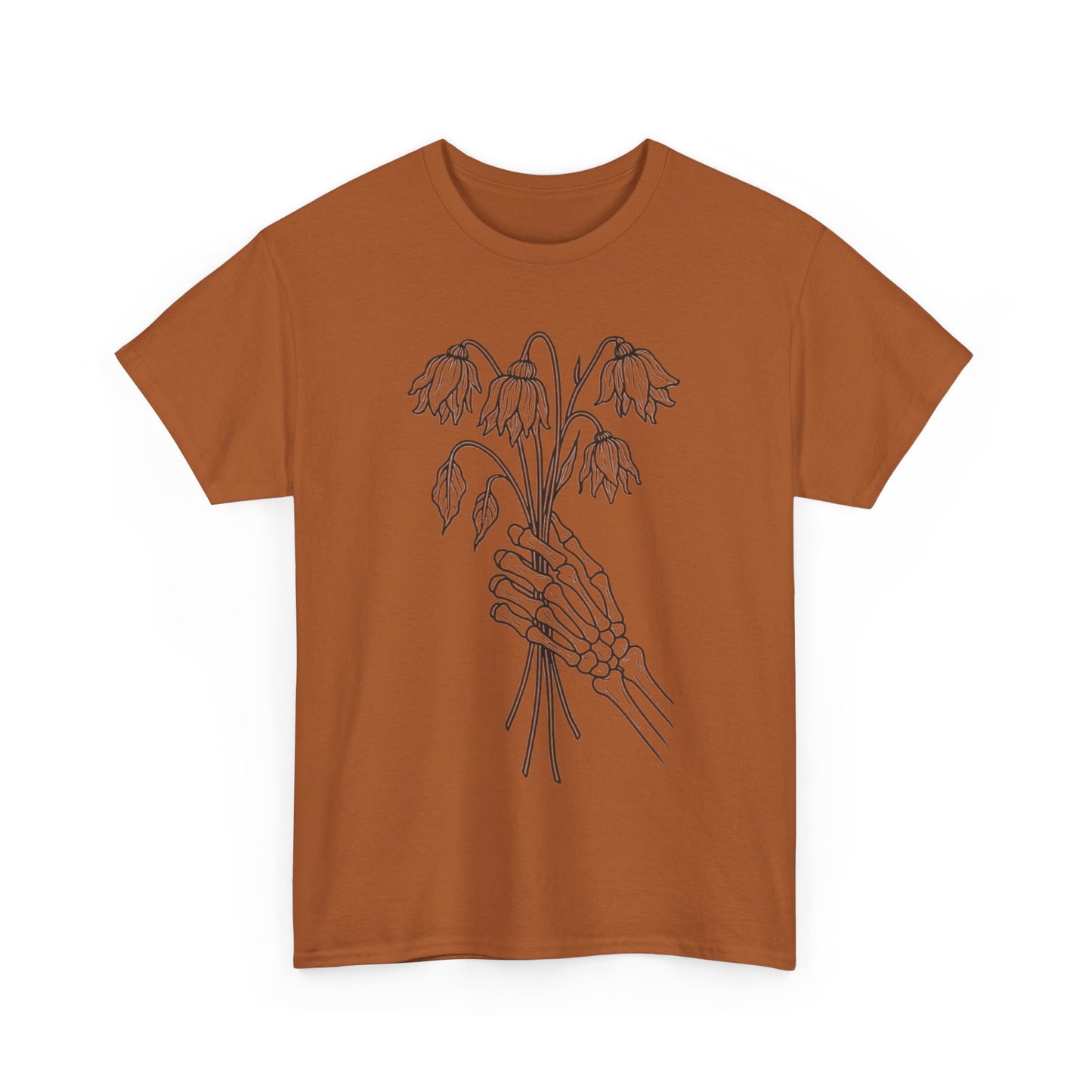 Unisex Heavy Cotton Tee | Skeleton Hand, Flower Bouquet - Casual Summer Top, Gift, Streetwear Fashion, Unique Graphic Shirt