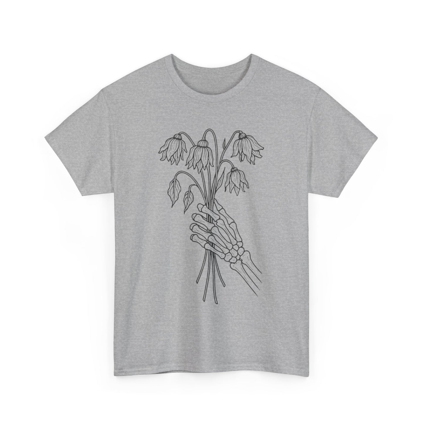 Unisex Heavy Cotton Tee | Skeleton Hand, Flower Bouquet - Casual Summer Top, Gift, Streetwear Fashion, Unique Graphic Shirt