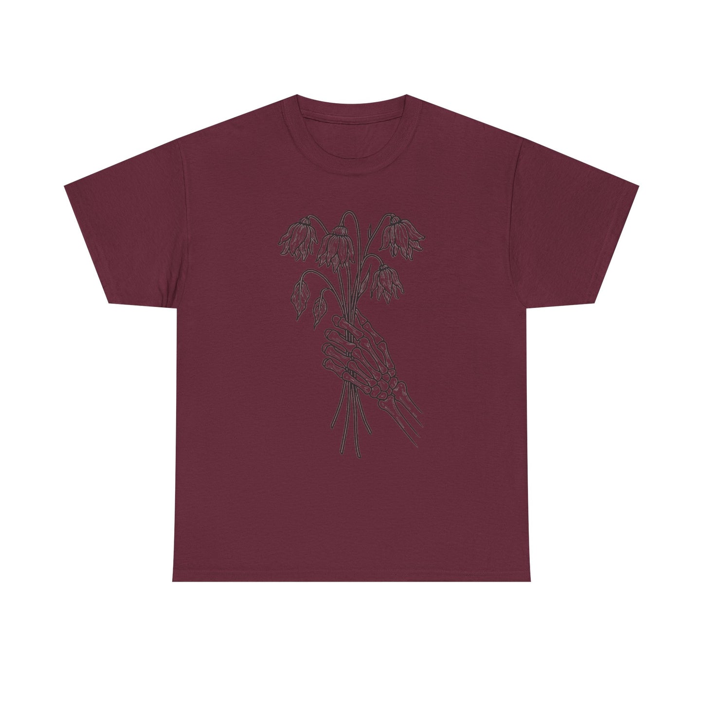Unisex Heavy Cotton Tee | Skeleton Hand, Flower Bouquet - Casual Summer Top, Gift, Streetwear Fashion, Unique Graphic Shirt