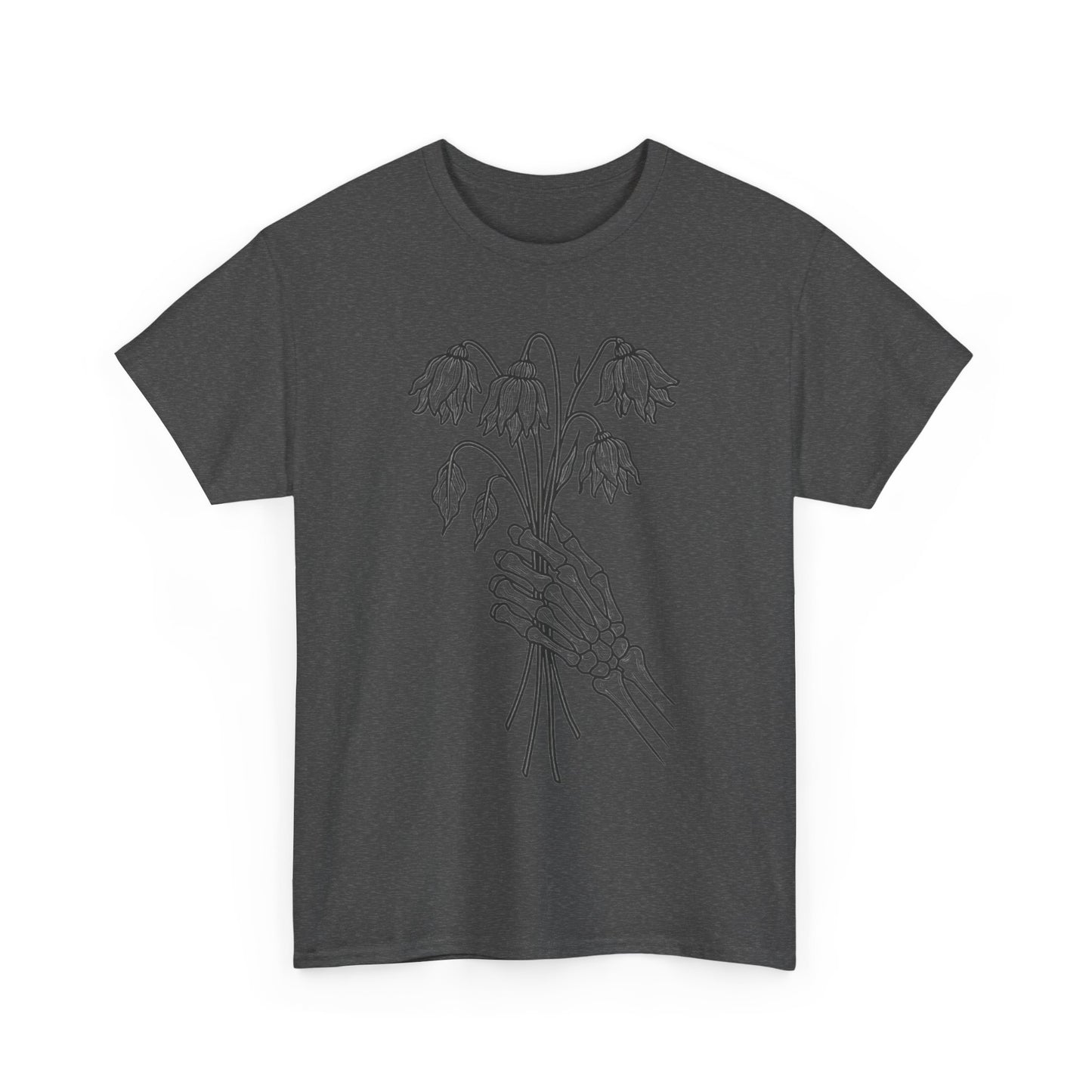 Unisex Heavy Cotton Tee | Skeleton Hand, Flower Bouquet - Casual Summer Top, Gift, Streetwear Fashion, Unique Graphic Shirt