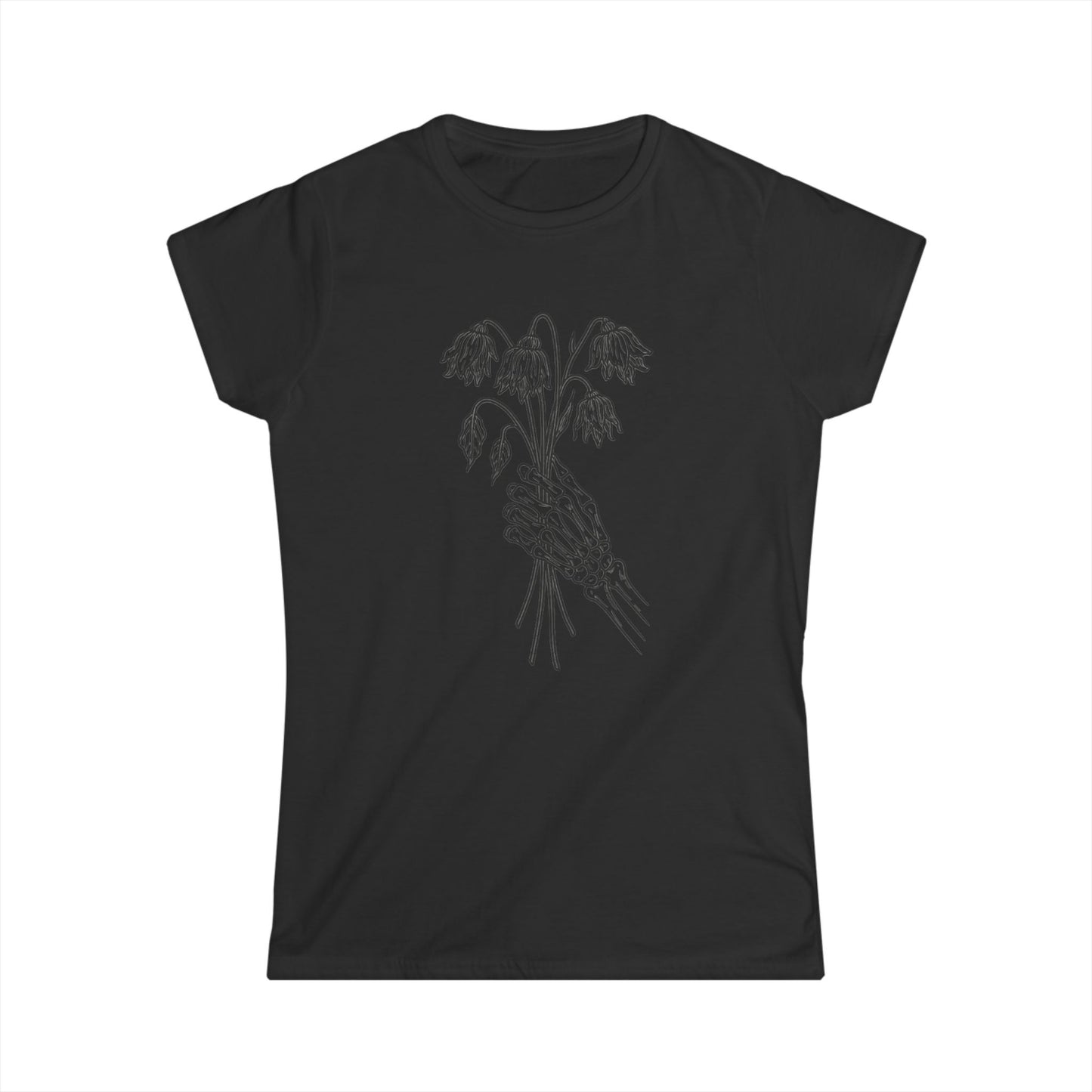 Women's Softstyle Tee | Skeleton Hand, Flower Bouquet - Casual Summer Top, Gift for Her, Streetwear Fashion, Unique Graphic Shirt