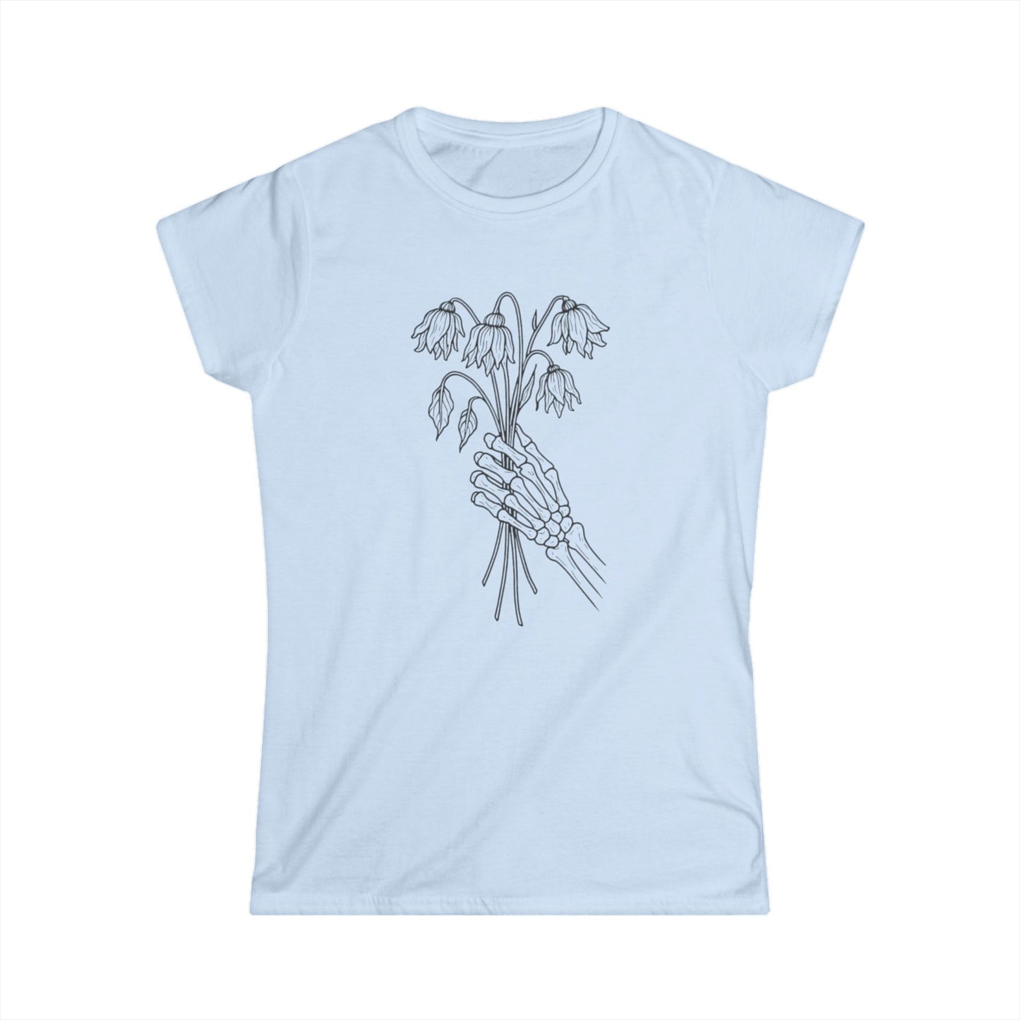 Women's Softstyle Tee | Skeleton Hand, Flower Bouquet - Casual Summer Top, Gift for Her, Streetwear Fashion, Unique Graphic Shirt