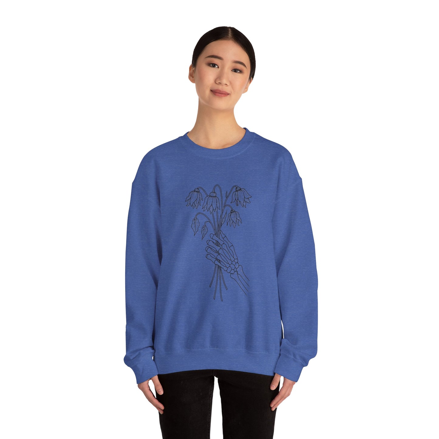 Cozy Unisex Crewneck | Skeleton Hand, Flower Bouquet - Gift for Plant Lovers, Grunge Sweatshirt, Fall Fashion, Casual Outfit