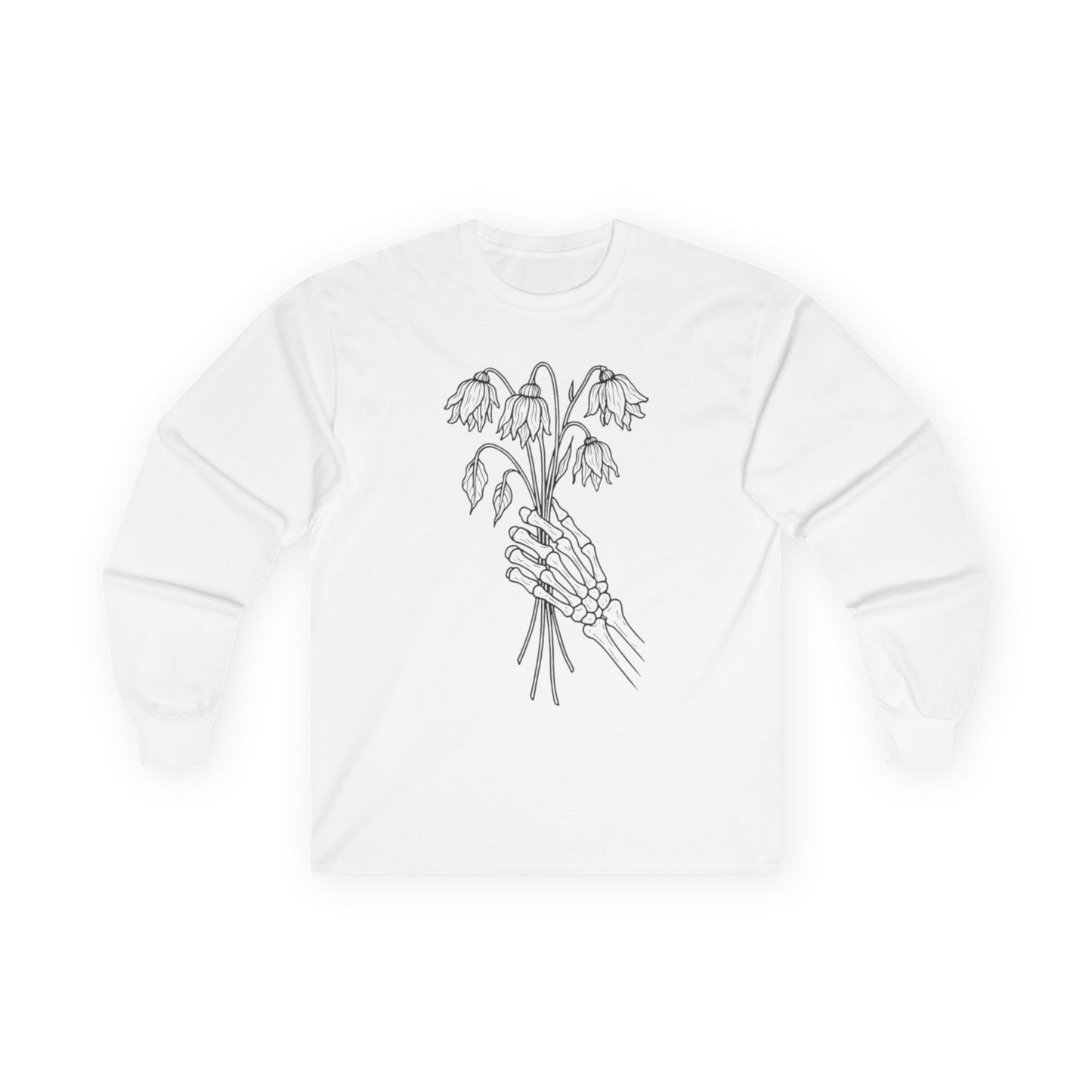 Unisex Ultra Cotton Long Sleeve Tee | Skeleton Hand, Flower Bouquet - Casual Summer Top, Gift, Streetwear Fashion, Unique Graphic Shirt