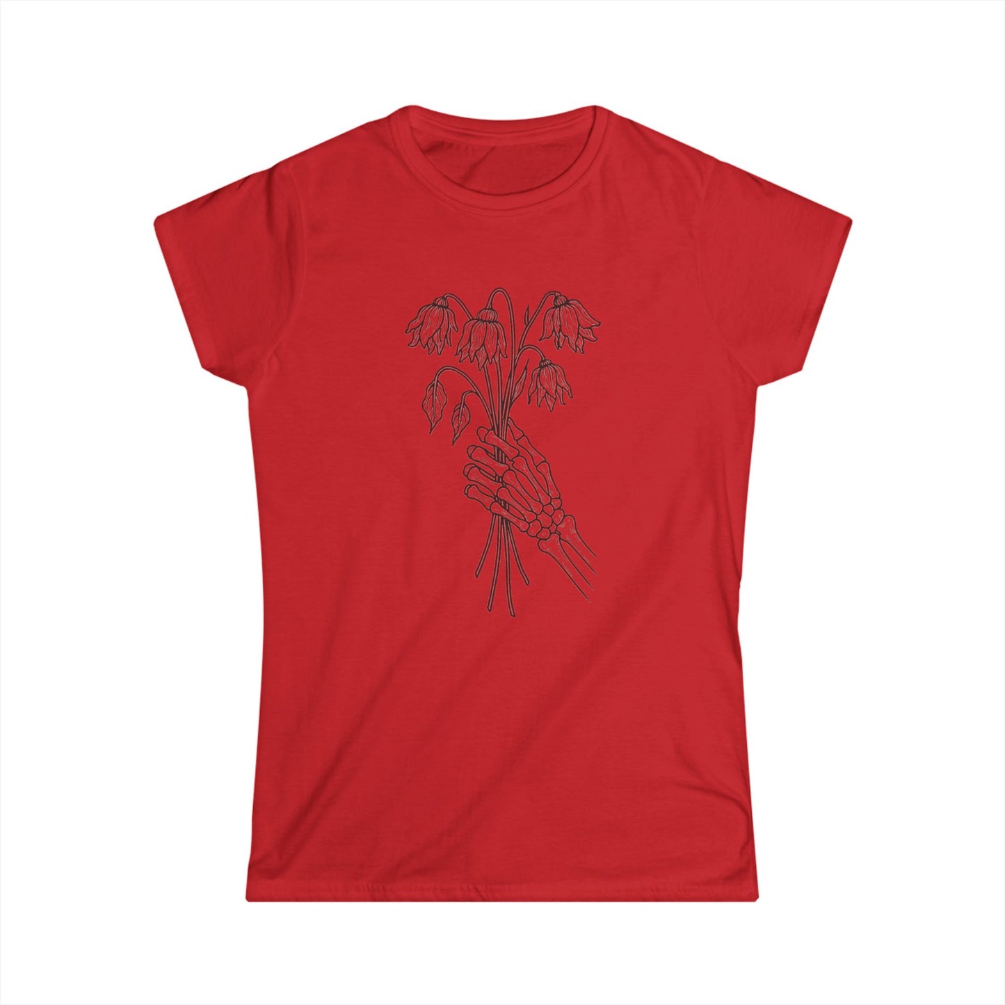 Women's Softstyle Tee | Skeleton Hand, Flower Bouquet - Casual Summer Top, Gift for Her, Streetwear Fashion, Unique Graphic Shirt