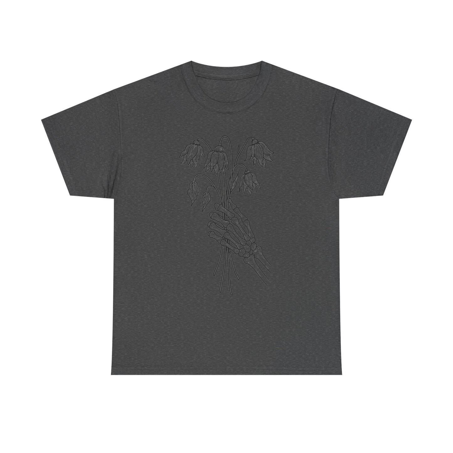 Unisex Heavy Cotton Tee | Skeleton Hand, Flower Bouquet - Casual Summer Top, Gift, Streetwear Fashion, Unique Graphic Shirt