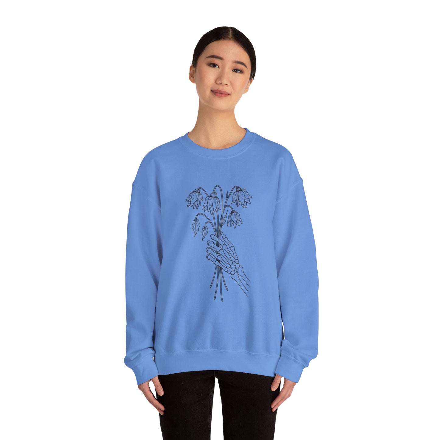 Cozy Unisex Crewneck | Skeleton Hand, Flower Bouquet - Gift for Plant Lovers, Grunge Sweatshirt, Fall Fashion, Casual Outfit