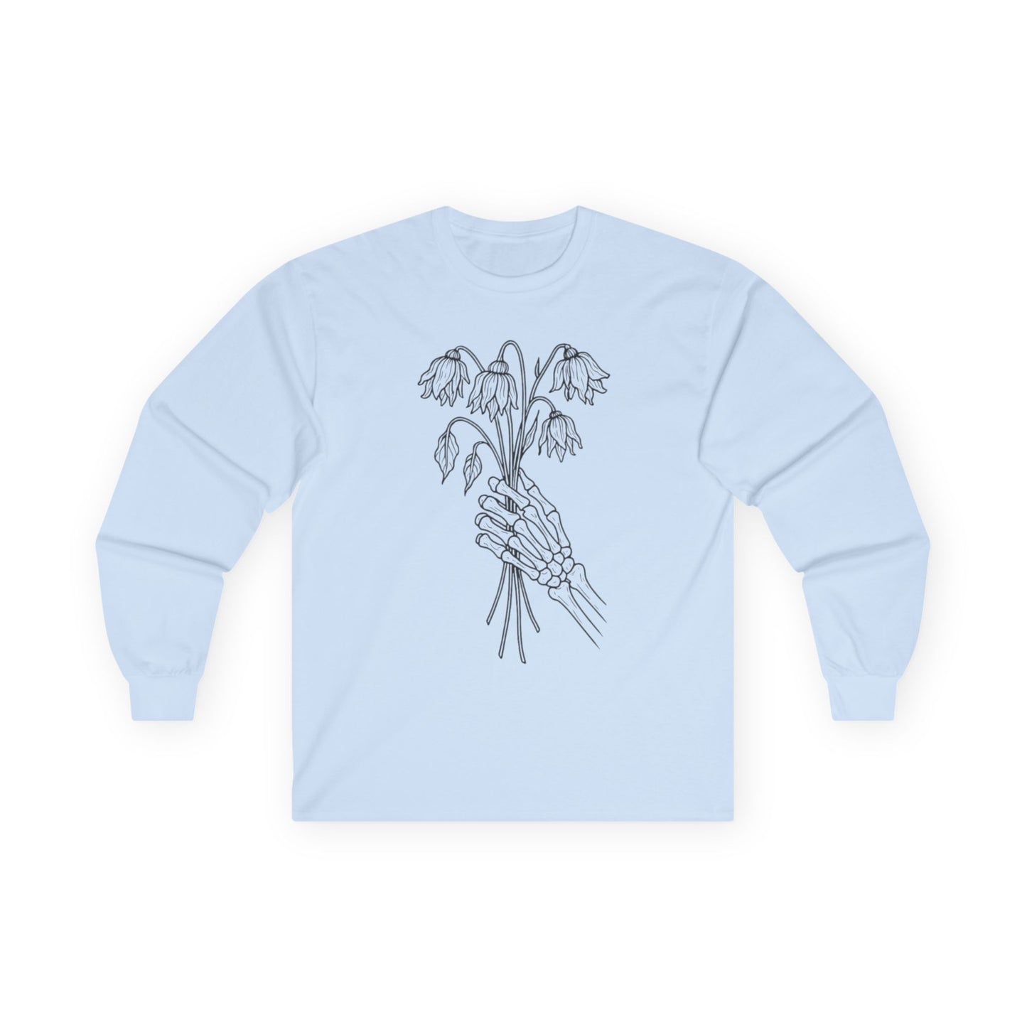Unisex Ultra Cotton Long Sleeve Tee | Skeleton Hand, Flower Bouquet - Casual Summer Top, Gift, Streetwear Fashion, Unique Graphic Shirt