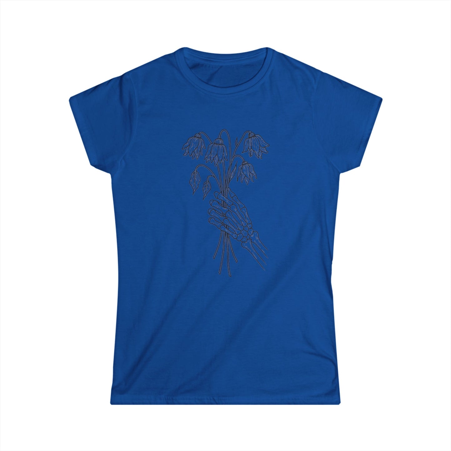Women's Softstyle Tee | Skeleton Hand, Flower Bouquet - Casual Summer Top, Gift for Her, Streetwear Fashion, Unique Graphic Shirt