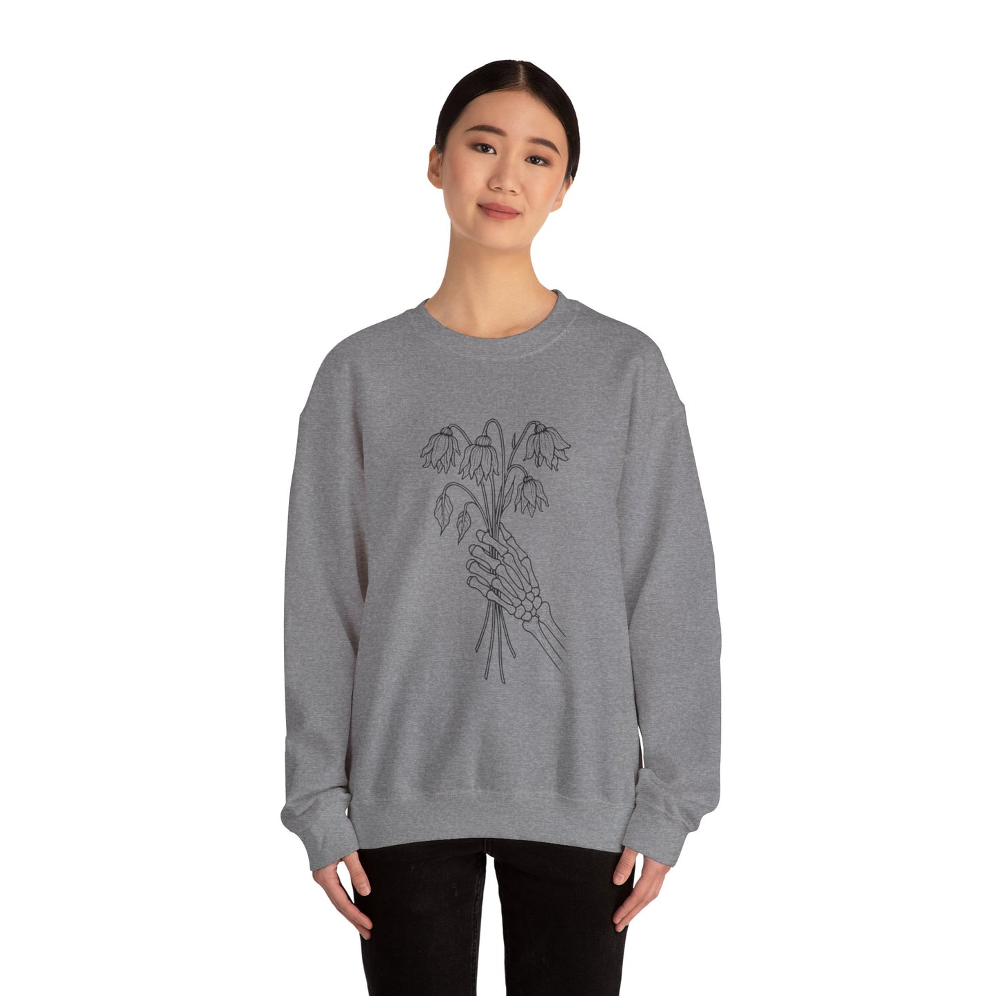 Cozy Unisex Crewneck | Skeleton Hand, Flower Bouquet - Gift for Plant Lovers, Grunge Sweatshirt, Fall Fashion, Casual Outfit