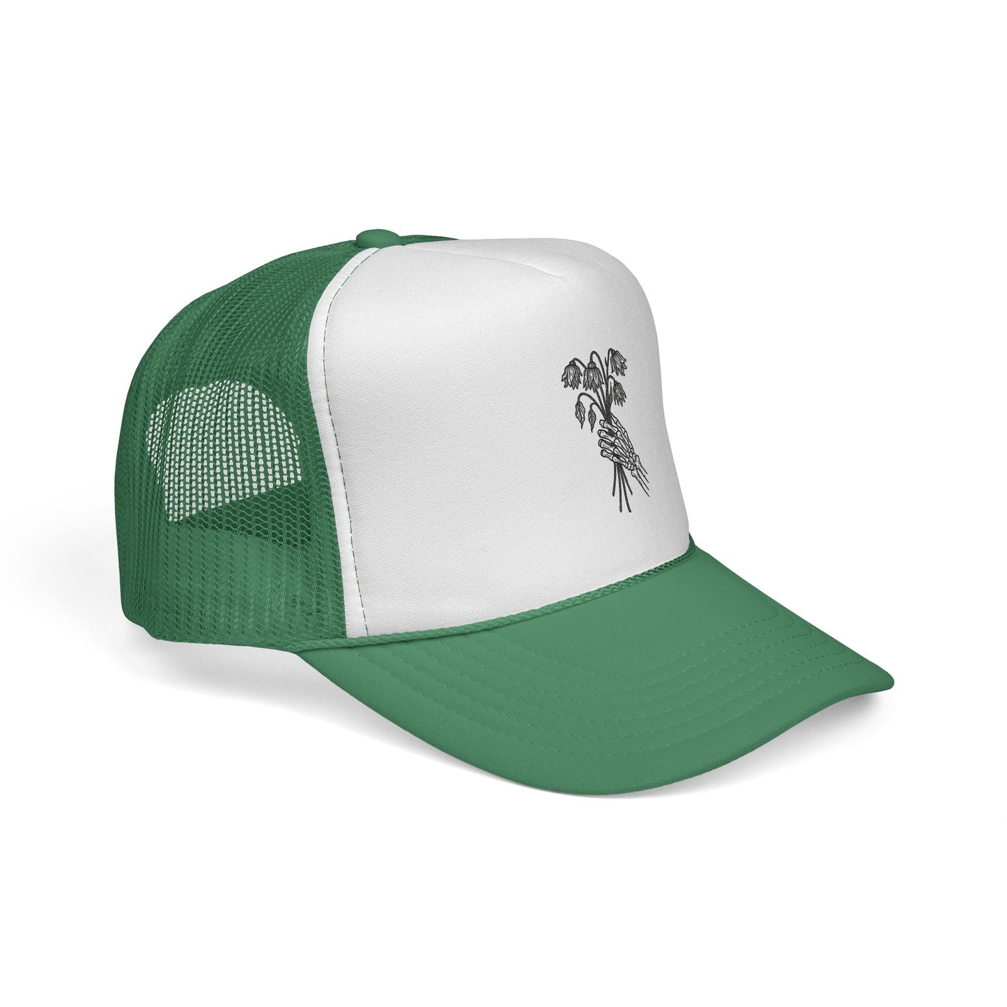 Vintage-Inspired Trucker Cap | Skeleton Hand, Flower Bouquet - Perfect for Outdoor Adventures, Festivals, Country Music Events