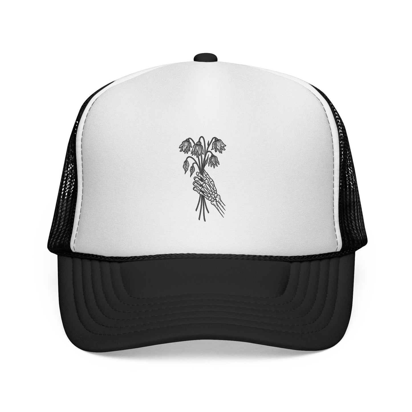 Vintage-Inspired Trucker Cap | Skeleton Hand, Flower Bouquet - Perfect for Outdoor Adventures, Festivals, Country Music Events