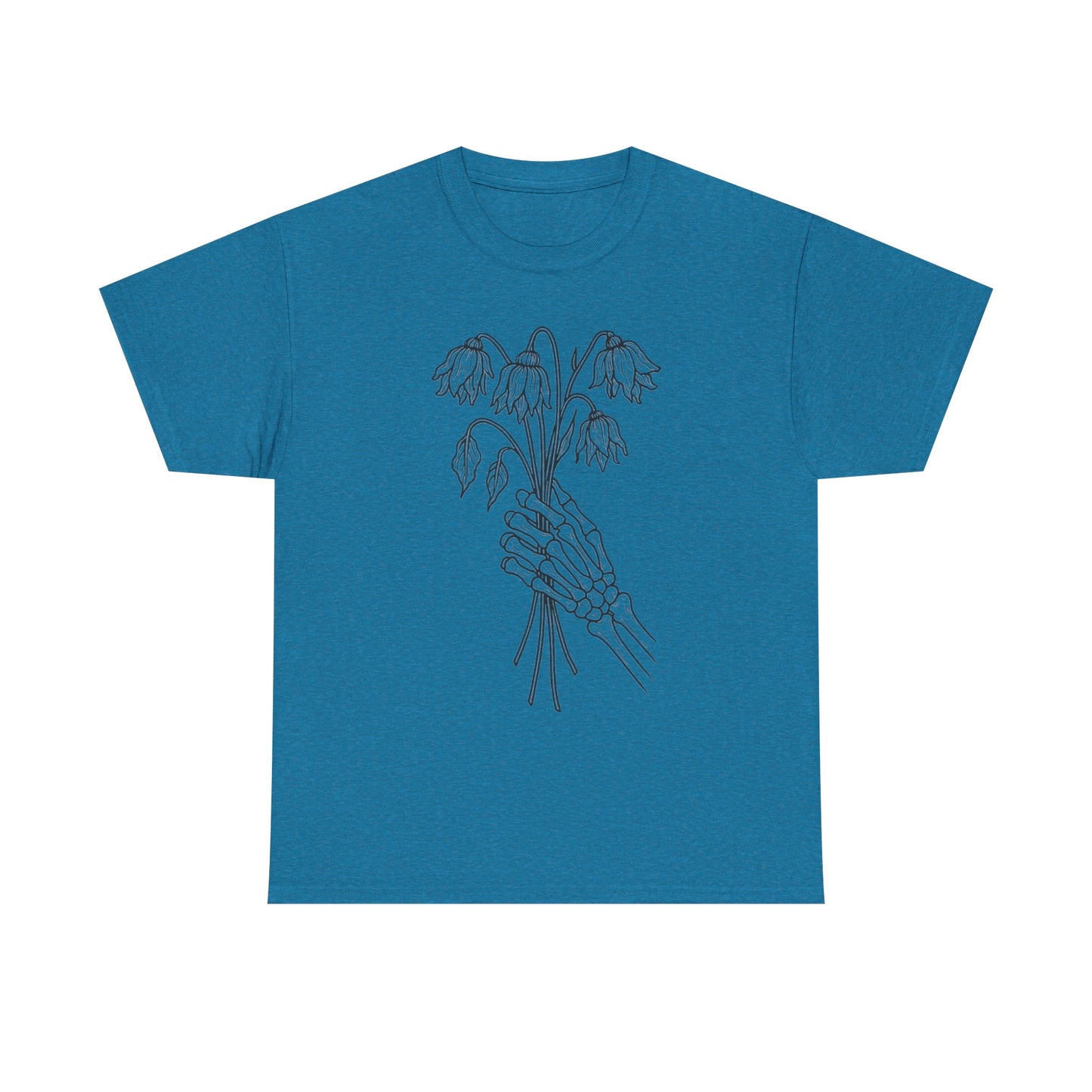 Unisex Heavy Cotton Tee | Skeleton Hand, Flower Bouquet - Casual Summer Top, Gift, Streetwear Fashion, Unique Graphic Shirt