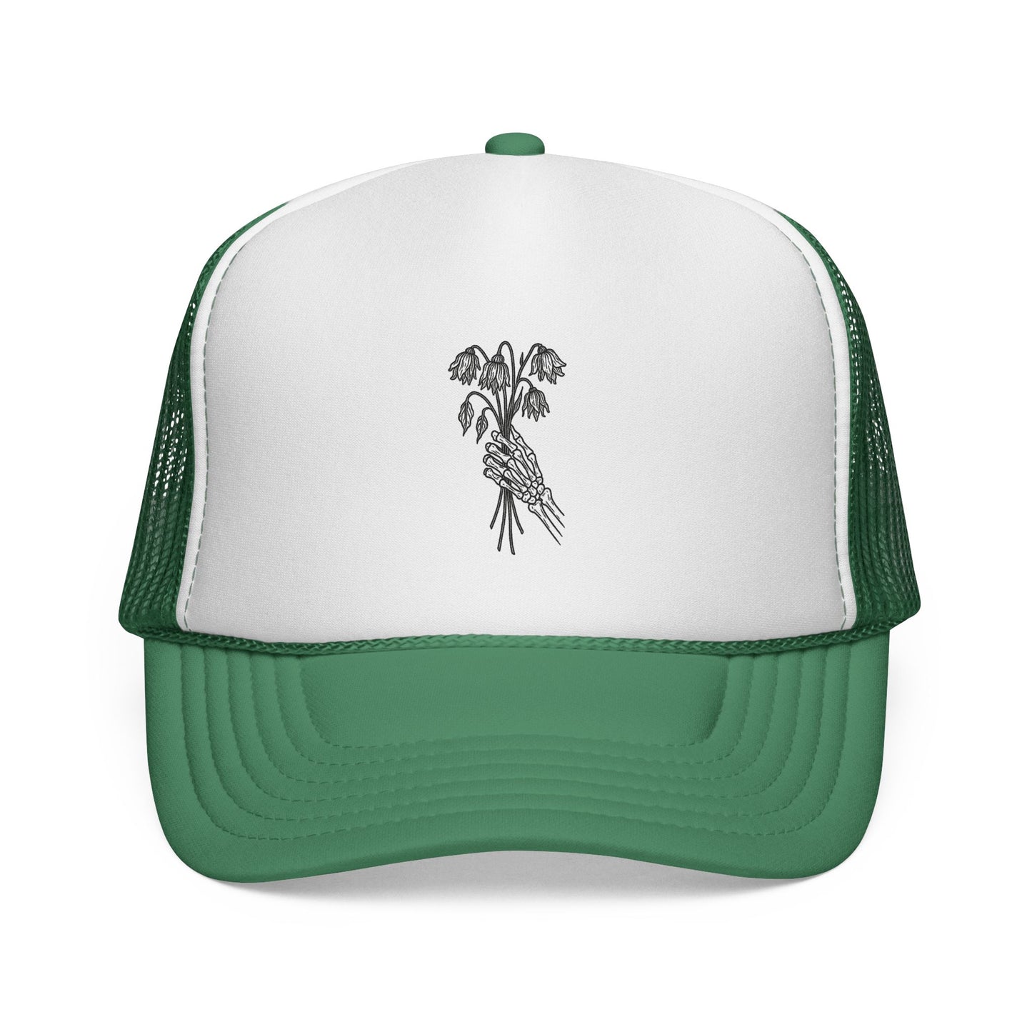 Vintage-Inspired Trucker Cap | Skeleton Hand, Flower Bouquet - Perfect for Outdoor Adventures, Festivals, Country Music Events