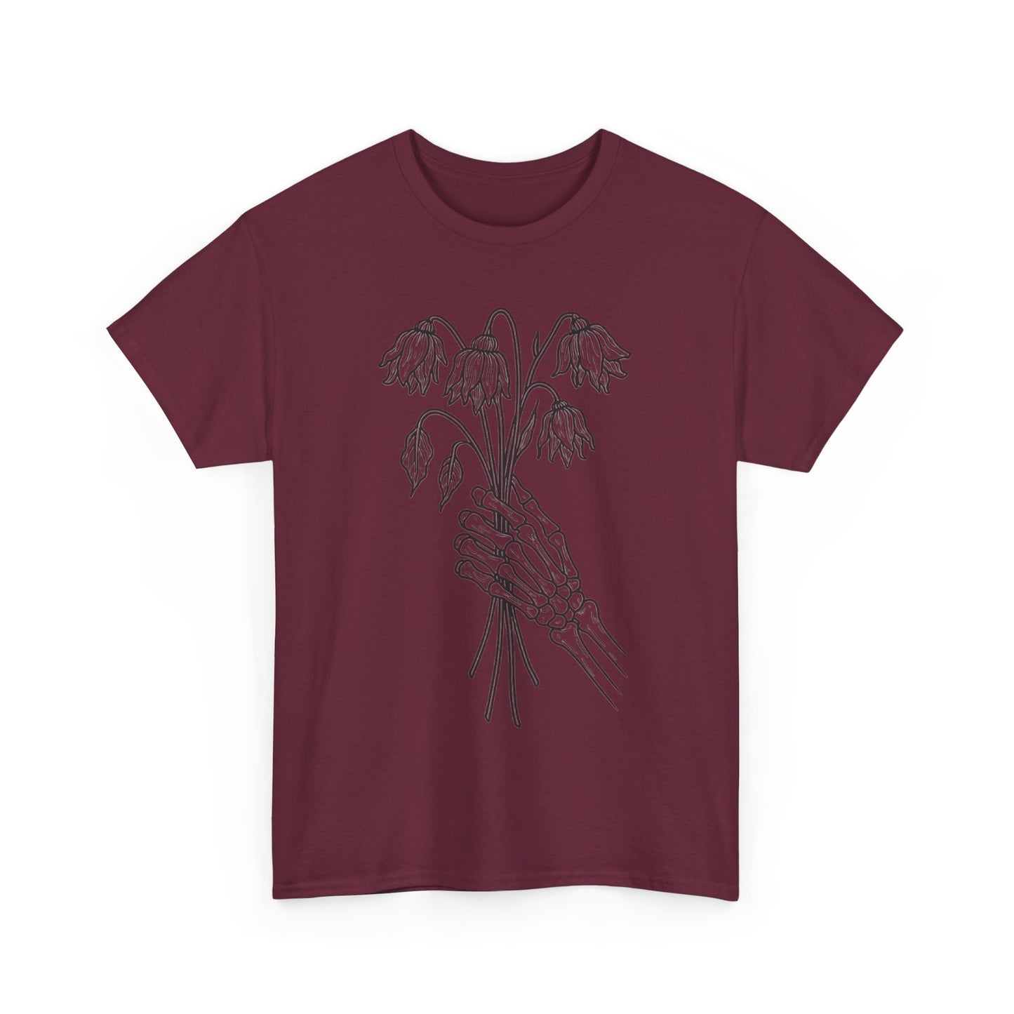 Unisex Heavy Cotton Tee | Skeleton Hand, Flower Bouquet - Casual Summer Top, Gift, Streetwear Fashion, Unique Graphic Shirt