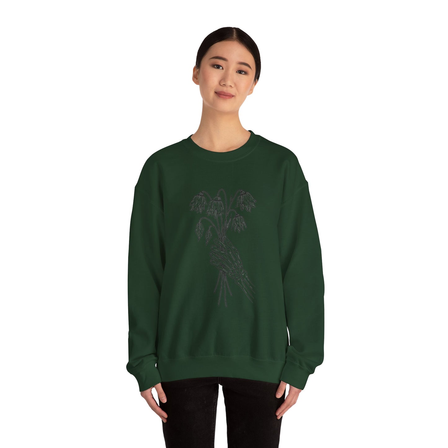 Cozy Unisex Crewneck | Skeleton Hand, Flower Bouquet - Gift for Plant Lovers, Grunge Sweatshirt, Fall Fashion, Casual Outfit