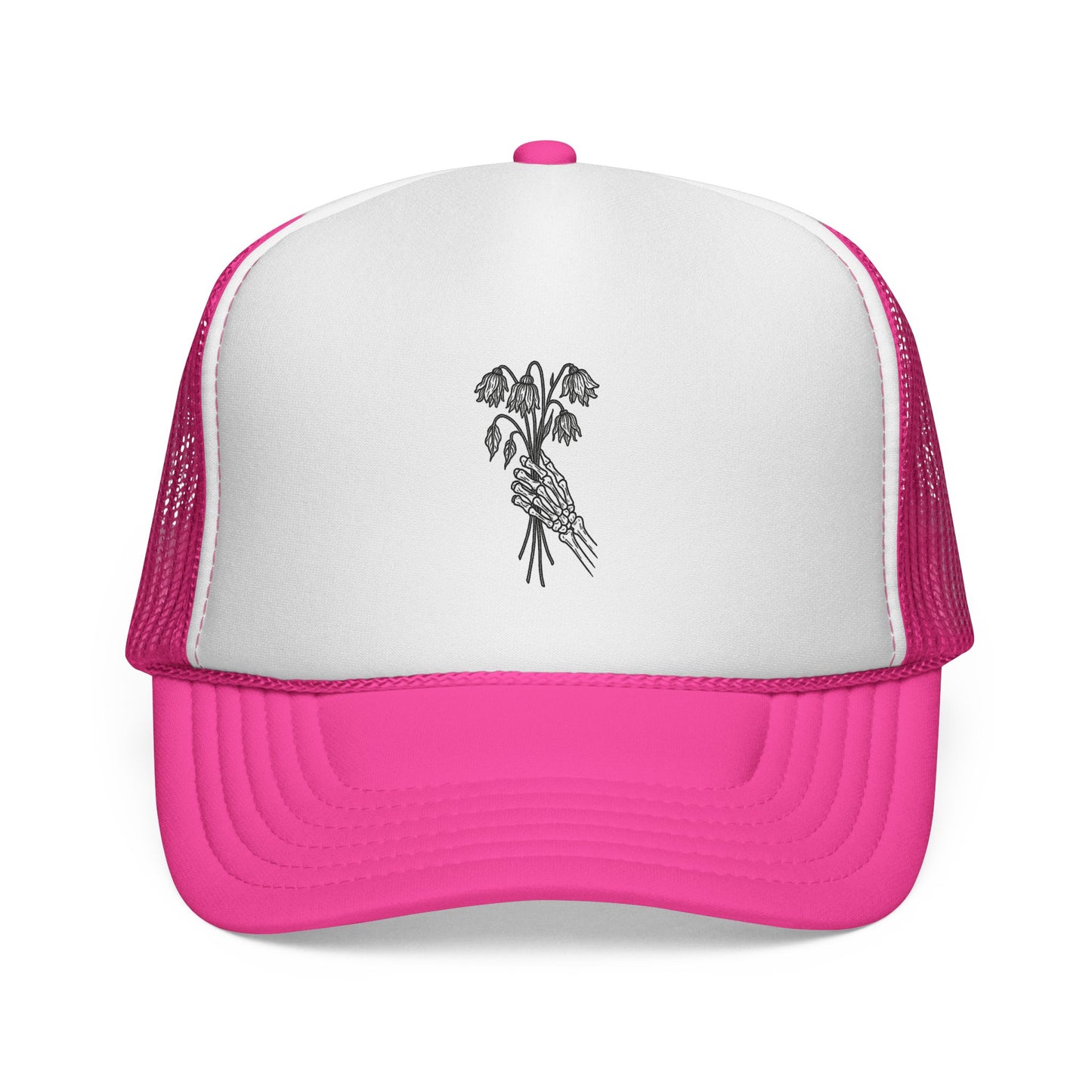 Vintage-Inspired Trucker Cap | Skeleton Hand, Flower Bouquet - Perfect for Outdoor Adventures, Festivals, Country Music Events