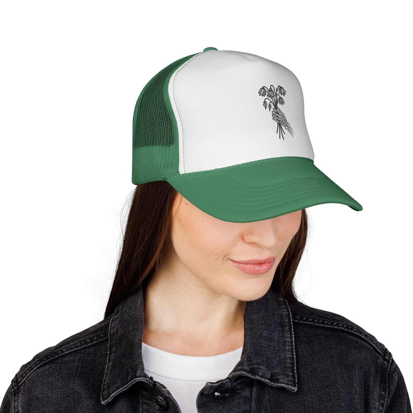 Vintage-Inspired Trucker Cap | Skeleton Hand, Flower Bouquet - Perfect for Outdoor Adventures, Festivals, Country Music Events