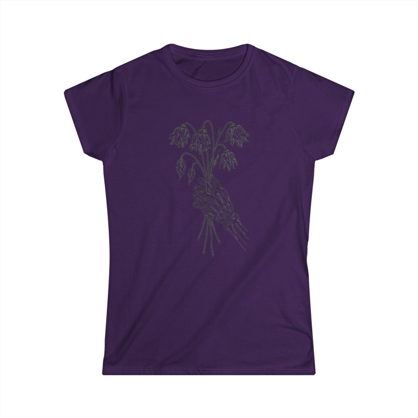 Women's Softstyle Tee | Skeleton Hand, Flower Bouquet - Casual Summer Top, Gift for Her, Streetwear Fashion, Unique Graphic Shirt