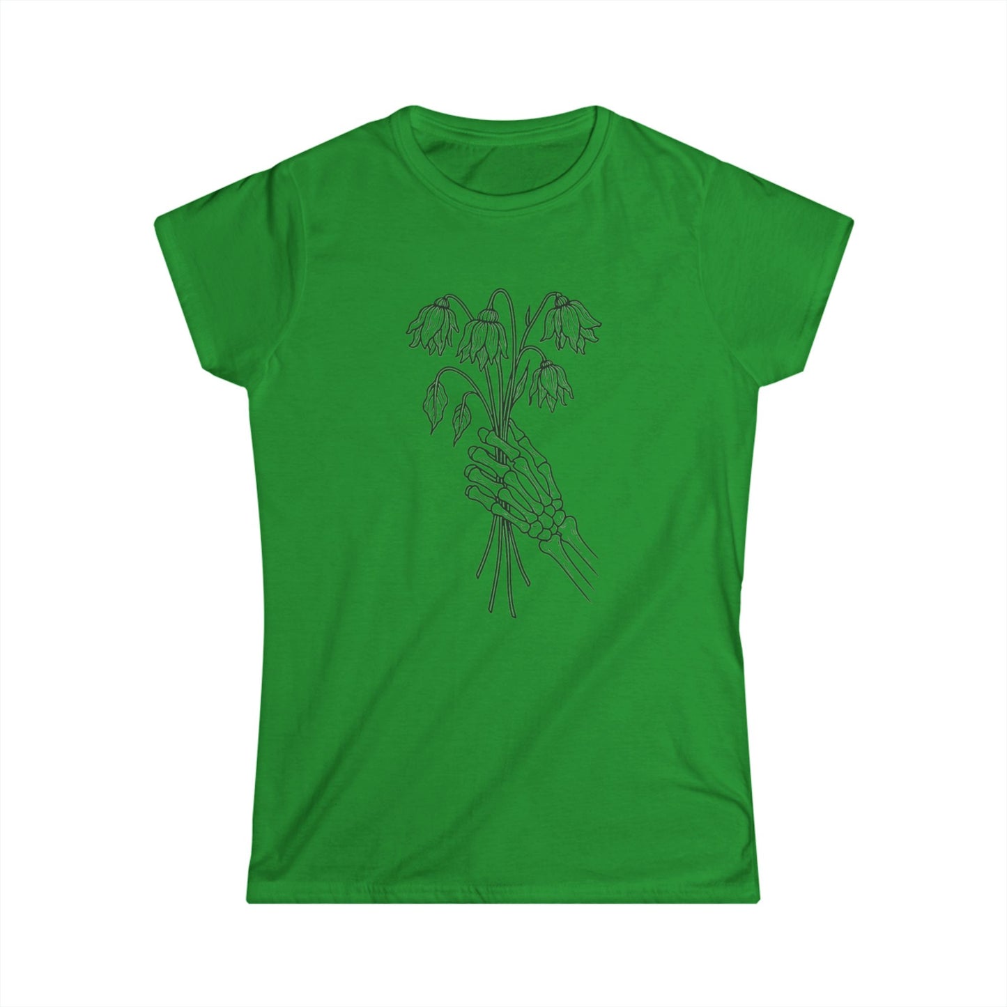 Women's Softstyle Tee | Skeleton Hand, Flower Bouquet - Casual Summer Top, Gift for Her, Streetwear Fashion, Unique Graphic Shirt