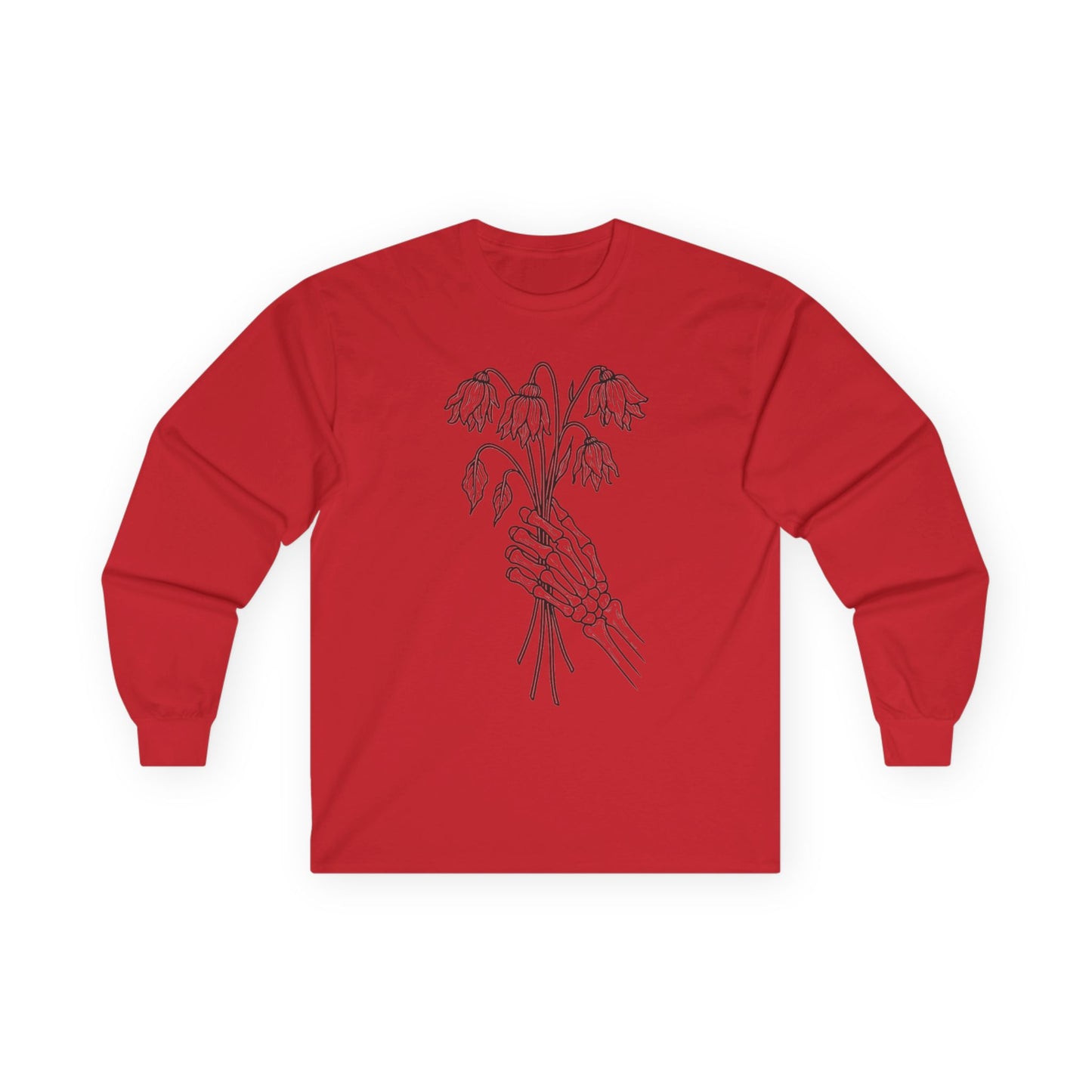 Unisex Ultra Cotton Long Sleeve Tee | Skeleton Hand, Flower Bouquet - Casual Summer Top, Gift, Streetwear Fashion, Unique Graphic Shirt