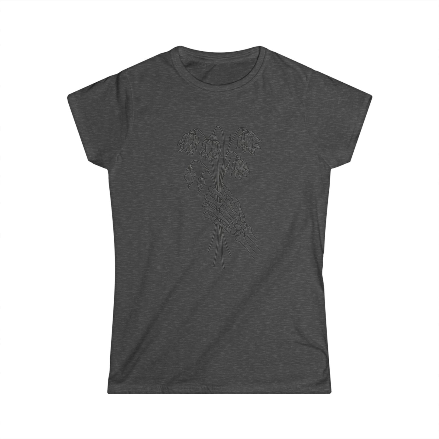 Women's Softstyle Tee | Skeleton Hand, Flower Bouquet - Casual Summer Top, Gift for Her, Streetwear Fashion, Unique Graphic Shirt