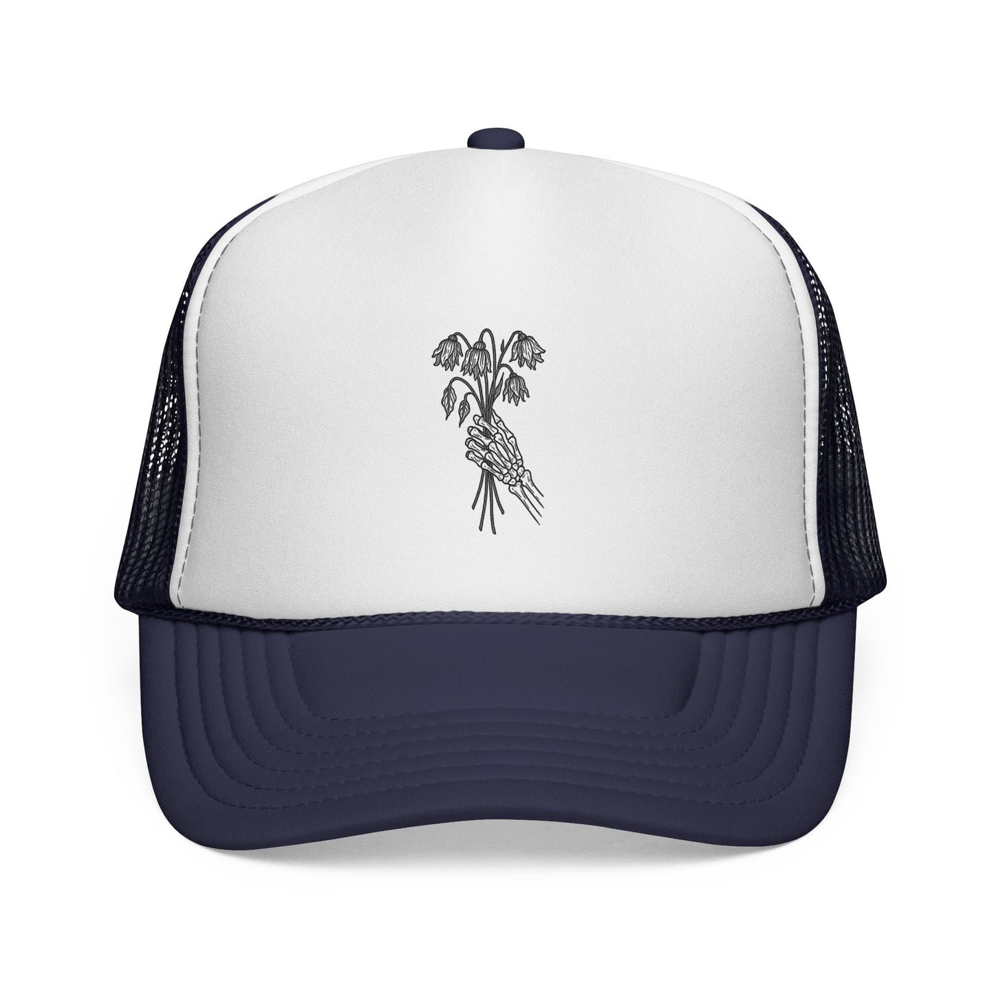 Vintage-Inspired Trucker Cap | Skeleton Hand, Flower Bouquet - Perfect for Outdoor Adventures, Festivals, Country Music Events