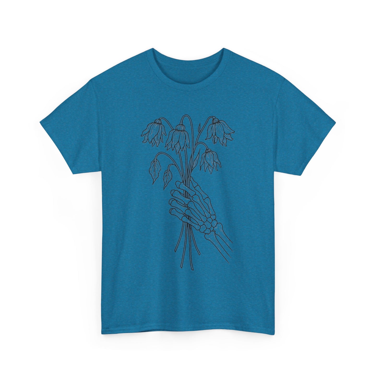 Unisex Heavy Cotton Tee | Skeleton Hand, Flower Bouquet - Casual Summer Top, Gift, Streetwear Fashion, Unique Graphic Shirt