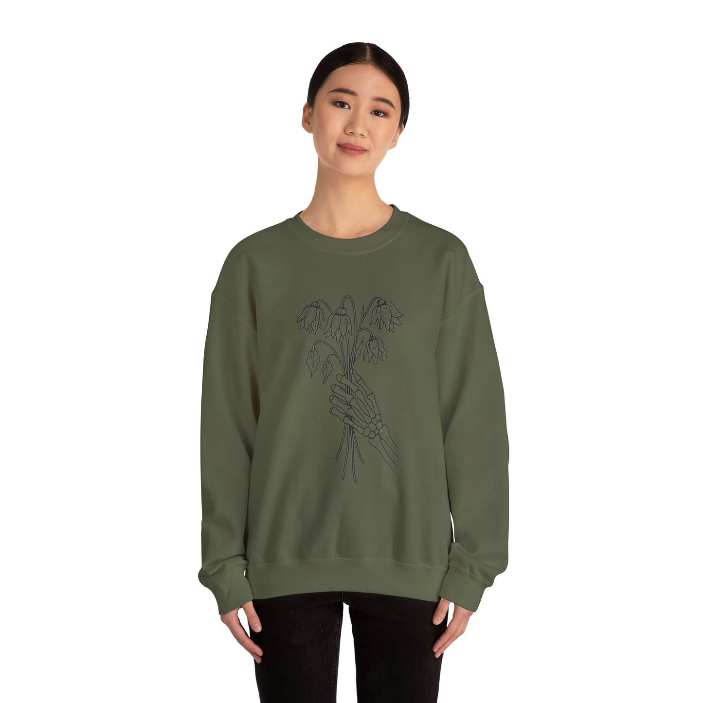 Cozy Unisex Crewneck | Skeleton Hand, Flower Bouquet - Gift for Plant Lovers, Grunge Sweatshirt, Fall Fashion, Casual Outfit