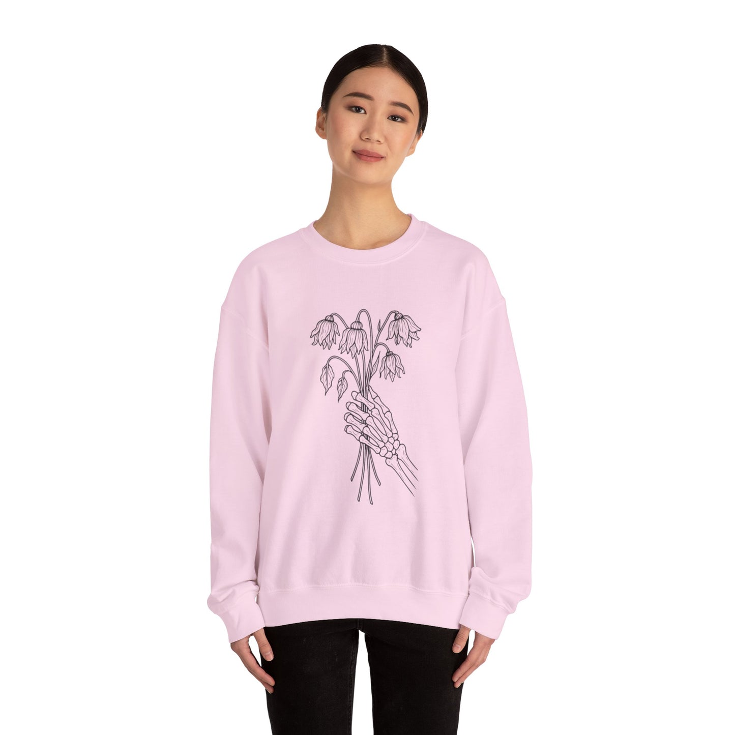 Cozy Unisex Crewneck | Skeleton Hand, Flower Bouquet - Gift for Plant Lovers, Grunge Sweatshirt, Fall Fashion, Casual Outfit