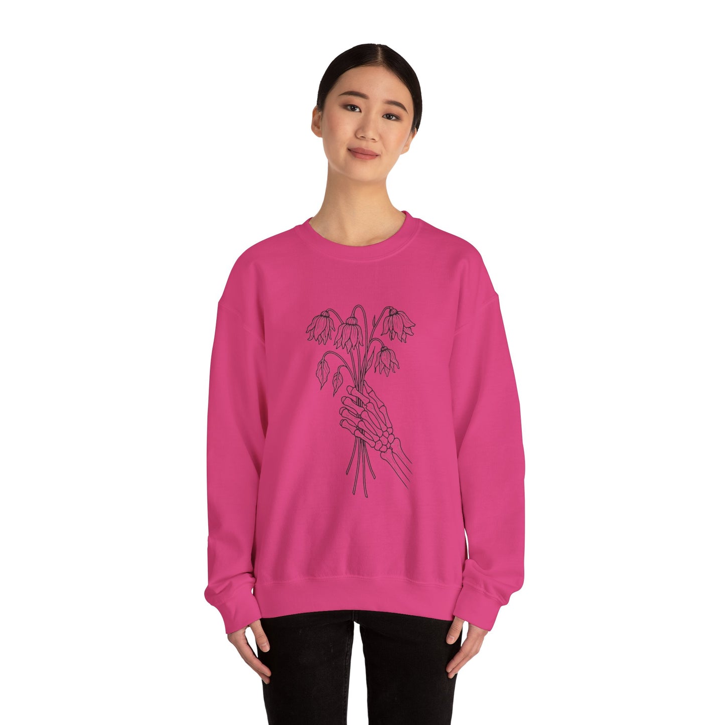 Cozy Unisex Crewneck | Skeleton Hand, Flower Bouquet - Gift for Plant Lovers, Grunge Sweatshirt, Fall Fashion, Casual Outfit