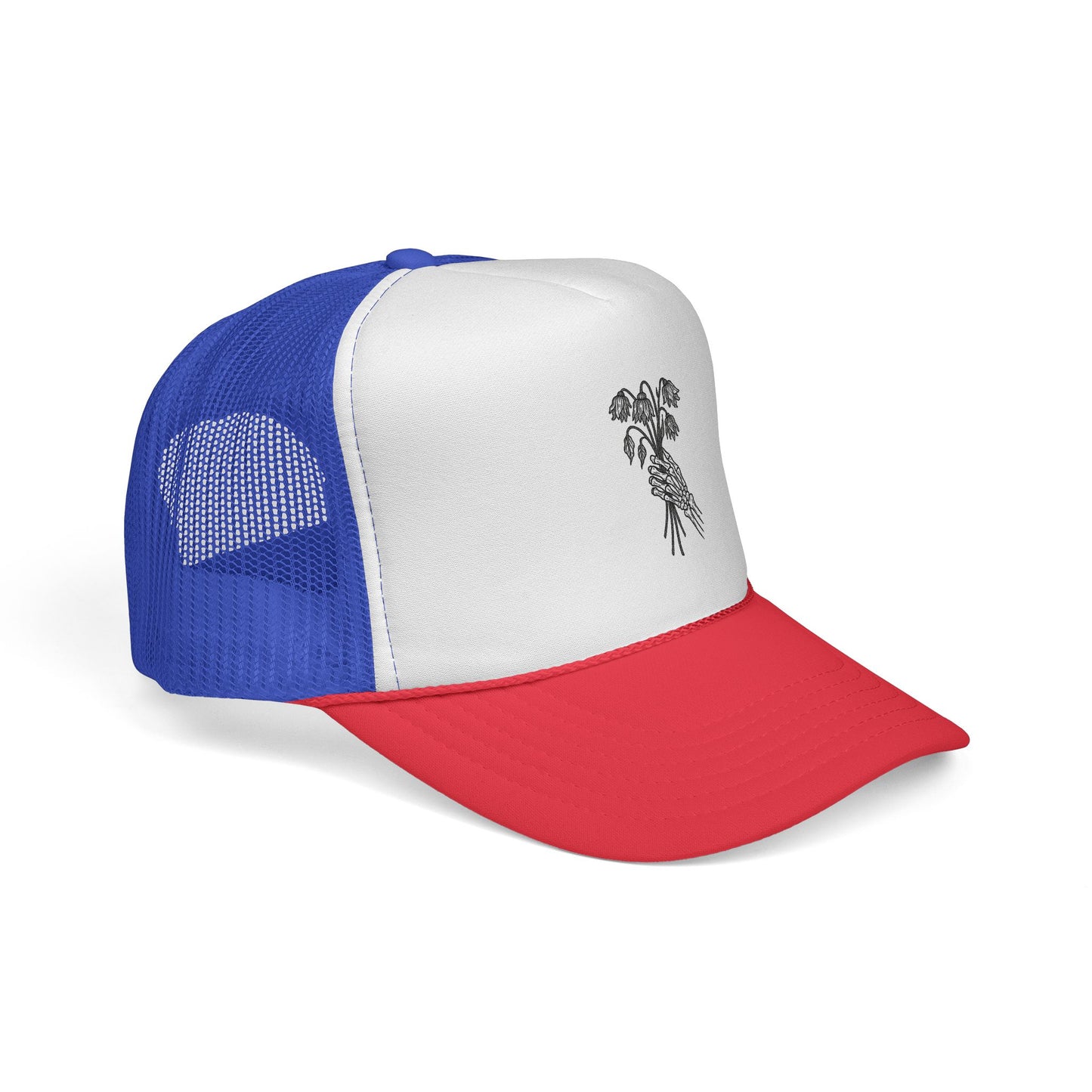 Vintage-Inspired Trucker Cap | Skeleton Hand, Flower Bouquet - Perfect for Outdoor Adventures, Festivals, Country Music Events