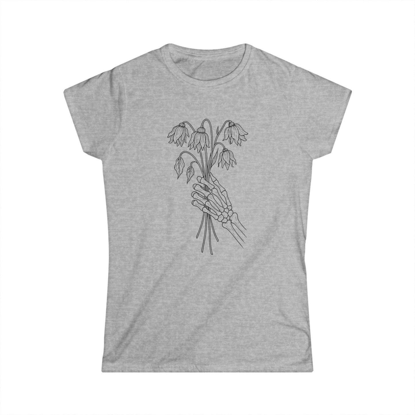 Women's Softstyle Tee | Skeleton Hand, Flower Bouquet - Casual Summer Top, Gift for Her, Streetwear Fashion, Unique Graphic Shirt