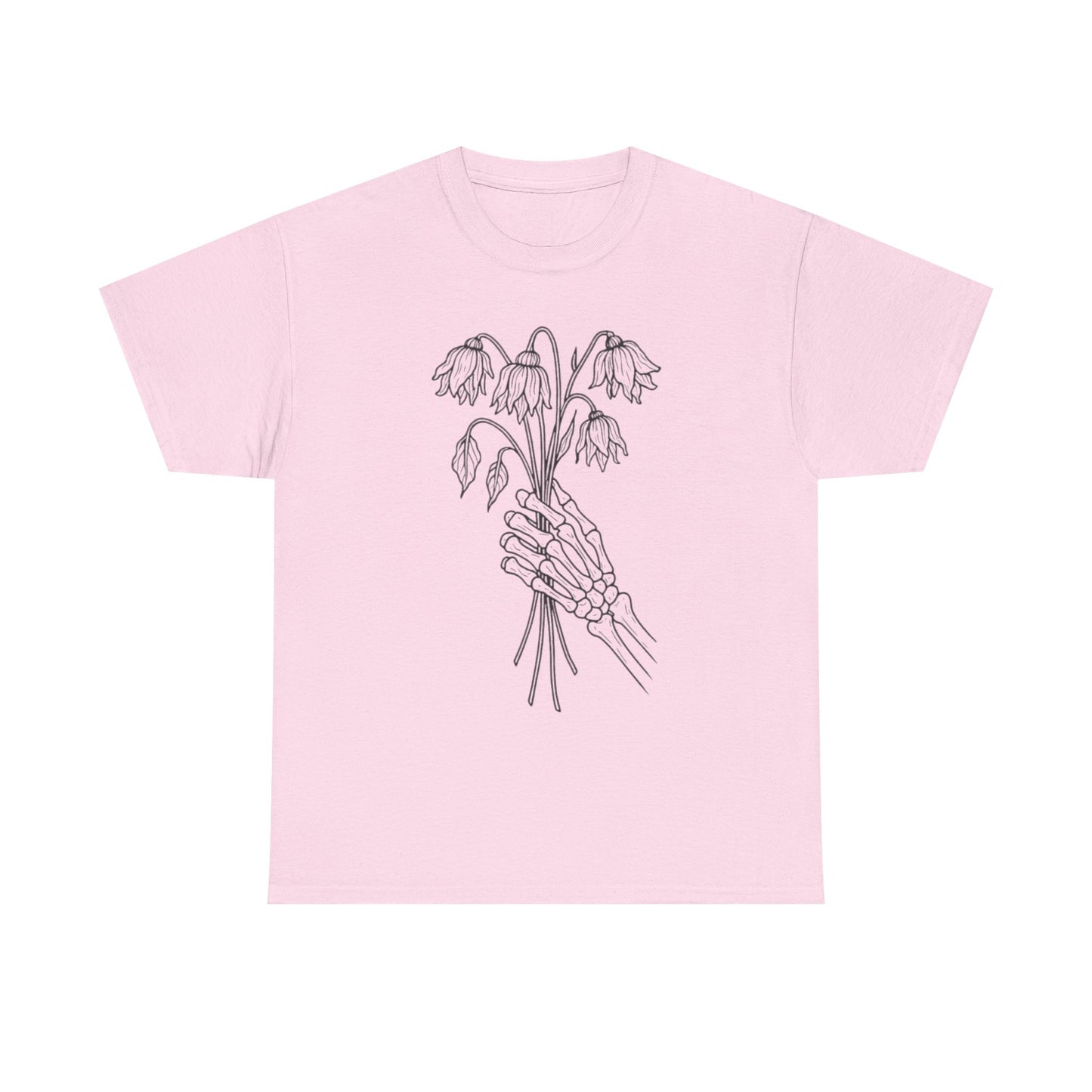 Unisex Heavy Cotton Tee | Skeleton Hand, Flower Bouquet - Casual Summer Top, Gift, Streetwear Fashion, Unique Graphic Shirt
