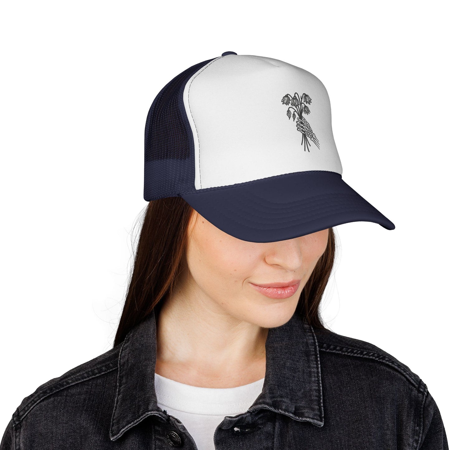 Vintage-Inspired Trucker Cap | Skeleton Hand, Flower Bouquet - Perfect for Outdoor Adventures, Festivals, Country Music Events