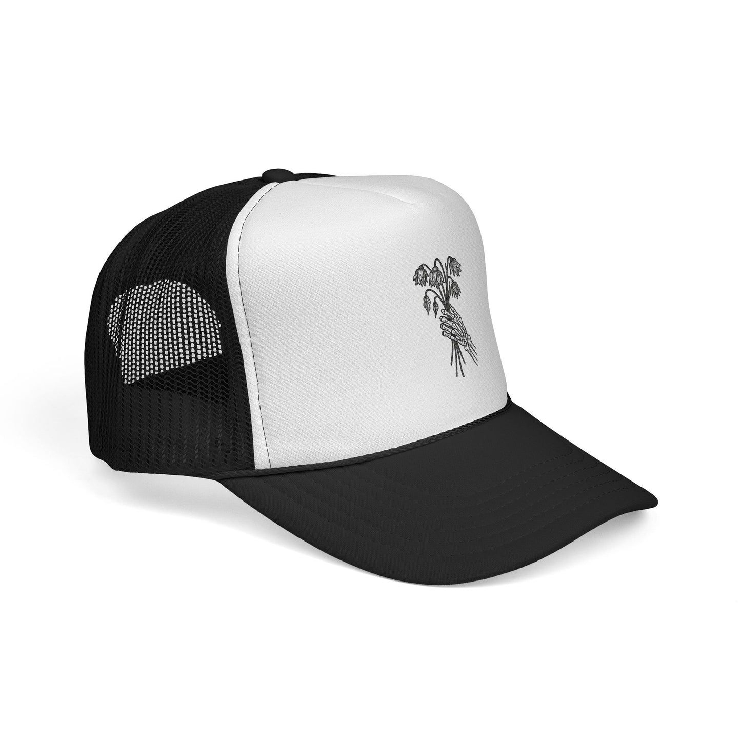 Vintage-Inspired Trucker Cap | Skeleton Hand, Flower Bouquet - Perfect for Outdoor Adventures, Festivals, Country Music Events